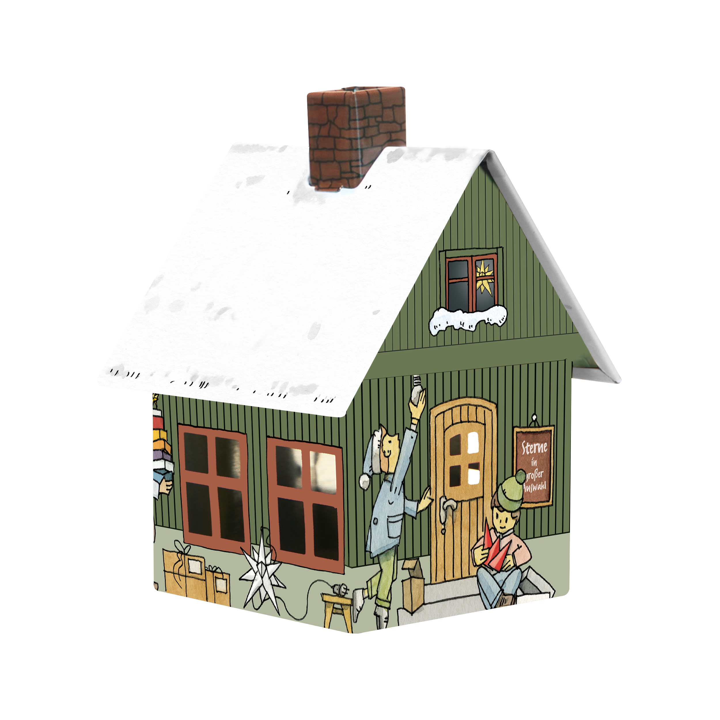 Eine bezaubernde Illustration des „Räucherhäuschens Manufaktur der Sterne“ von Original Crottendorfer Räucherkerzen zeigt ein kleines Haus mit schneebedecktem Dach, grünen Wänden, braunen Fenstern und einem Schornstein. Comicfiguren, die eine Leiter hochklettern und Geschenke halten, sorgen unter der weichen Schneedecke für festliche Wärme.