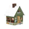 Eine bezaubernde Illustration des „Räucherhäuschens Manufaktur der Sterne“ von Original Crottendorfer Räucherkerzen zeigt ein kleines Haus mit schneebedecktem Dach, grünen Wänden, braunen Fenstern und einem Schornstein. Comicfiguren, die eine Leiter hochklettern und Geschenke halten, sorgen unter der weichen Schneedecke für festliche Wärme.