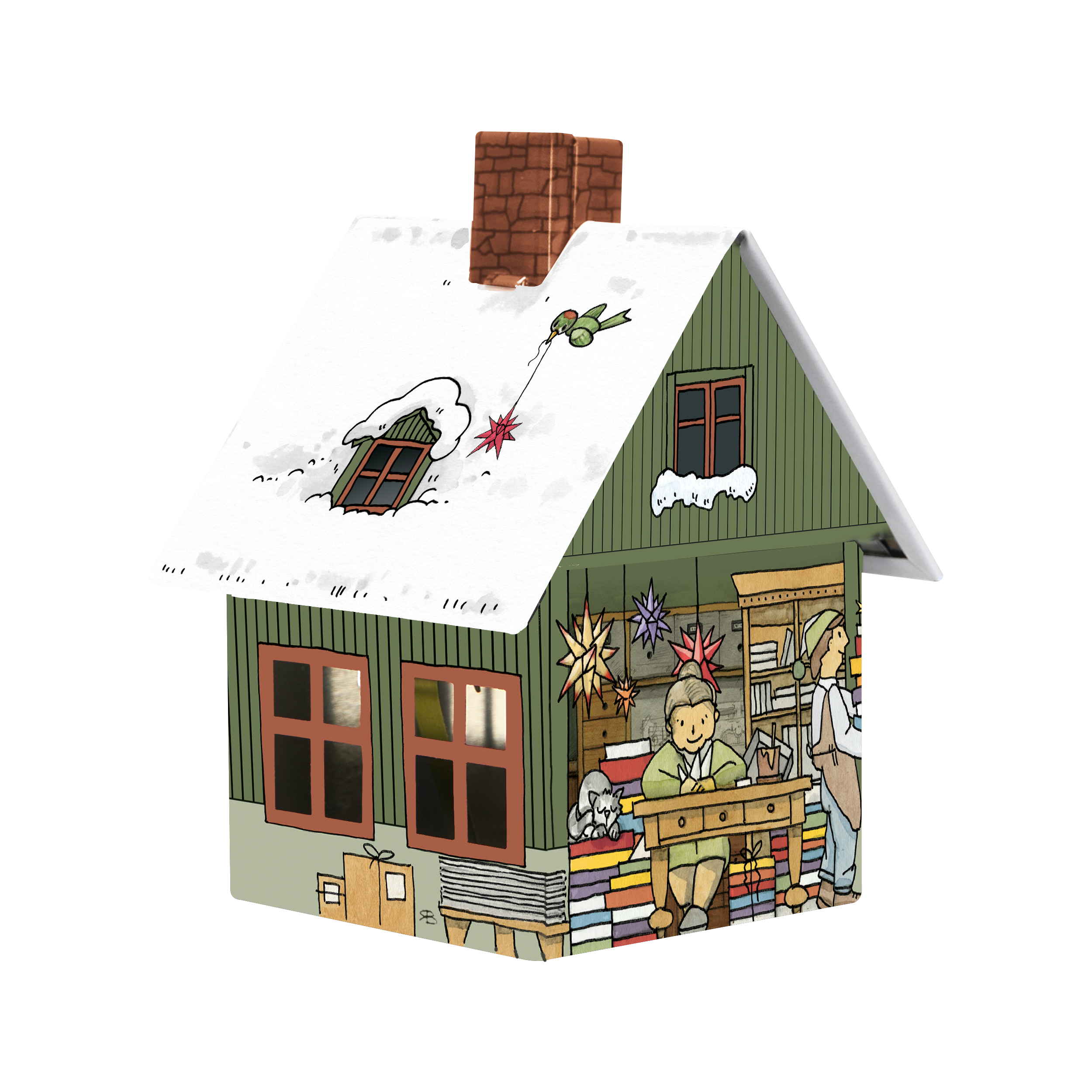 Das Räucherhäuschen Manufaktur der Sterne von Original Crottendorfer Räucherkerzen ist ein Modell aus dem Jahr 2024 und zeigt ein kleines grünes Holzhaus, das mit Schnee geschmückt ist. Darin zeichnet ein Kind an einem Schreibtisch, während ein Erwachsener arbeitet; eine Katze ruht sich in der Nähe aus, und ein Vogel fliegt am Schornstein vorbei.