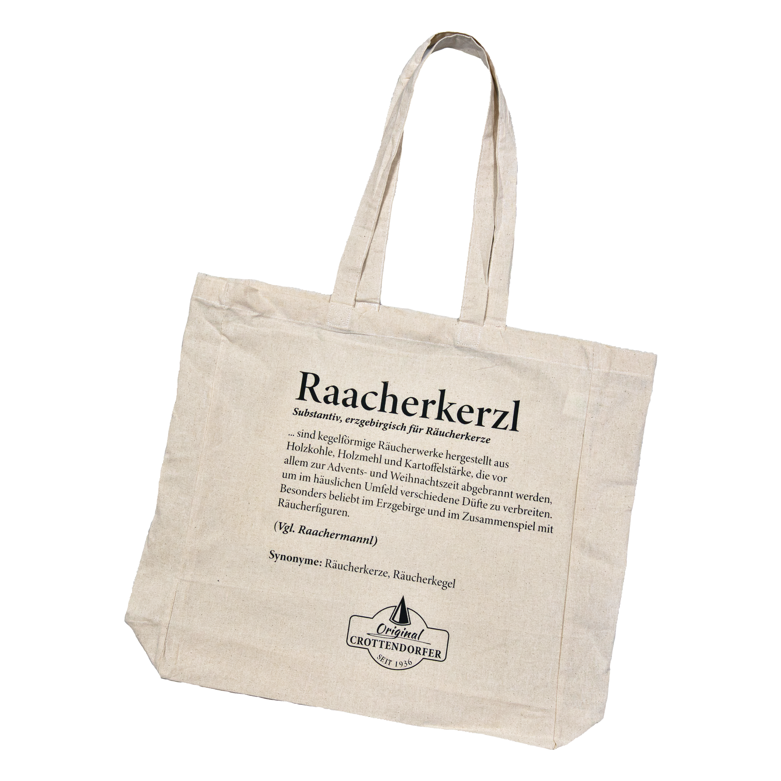 Beiger Stoffbeutel „Raacherkerzl Definition“ von Original Crottendorfer mit schwarzem Text, Definition und Synonymen des Wortes Raacherkerzl sowie dem Markenlogo auf der Vorderseite.