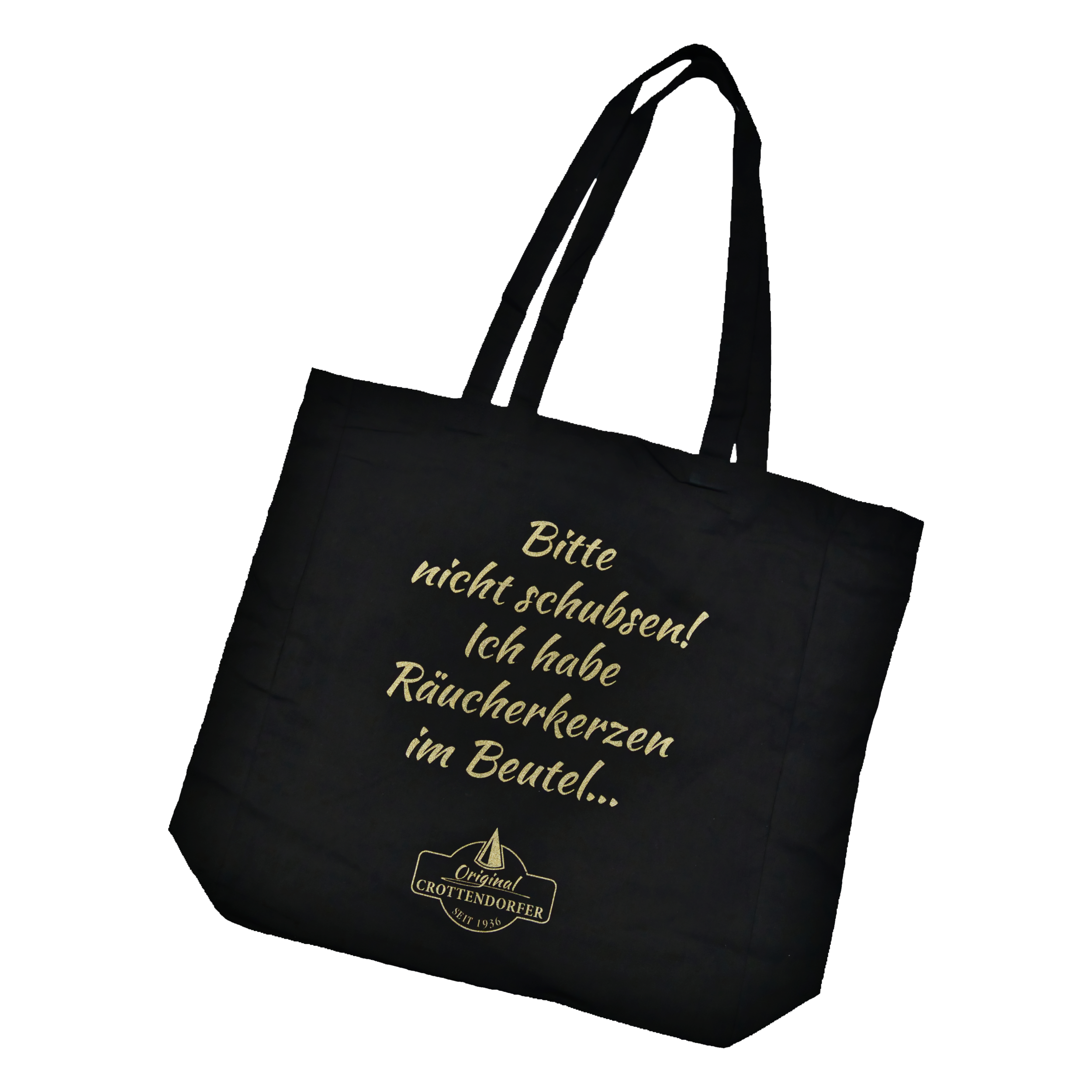 Der schwarze Stoffbeutel „Bitte nicht schubsen ...“ von Original Crottendorfer ist mit einem kräftigen gelben Text und einem kleinen Crottendorfer Räucherkerzen-Logo versehen und bringt erzgebirgischen Charme in Ihren Alltag.