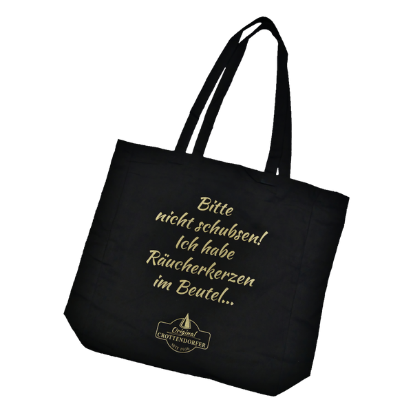 Der schwarze Stoffbeutel „Bitte nicht schubsen ...“ von Original Crottendorfer ist mit einem kräftigen gelben Text und einem kleinen Crottendorfer Räucherkerzen-Logo versehen und bringt erzgebirgischen Charme in Ihren Alltag.