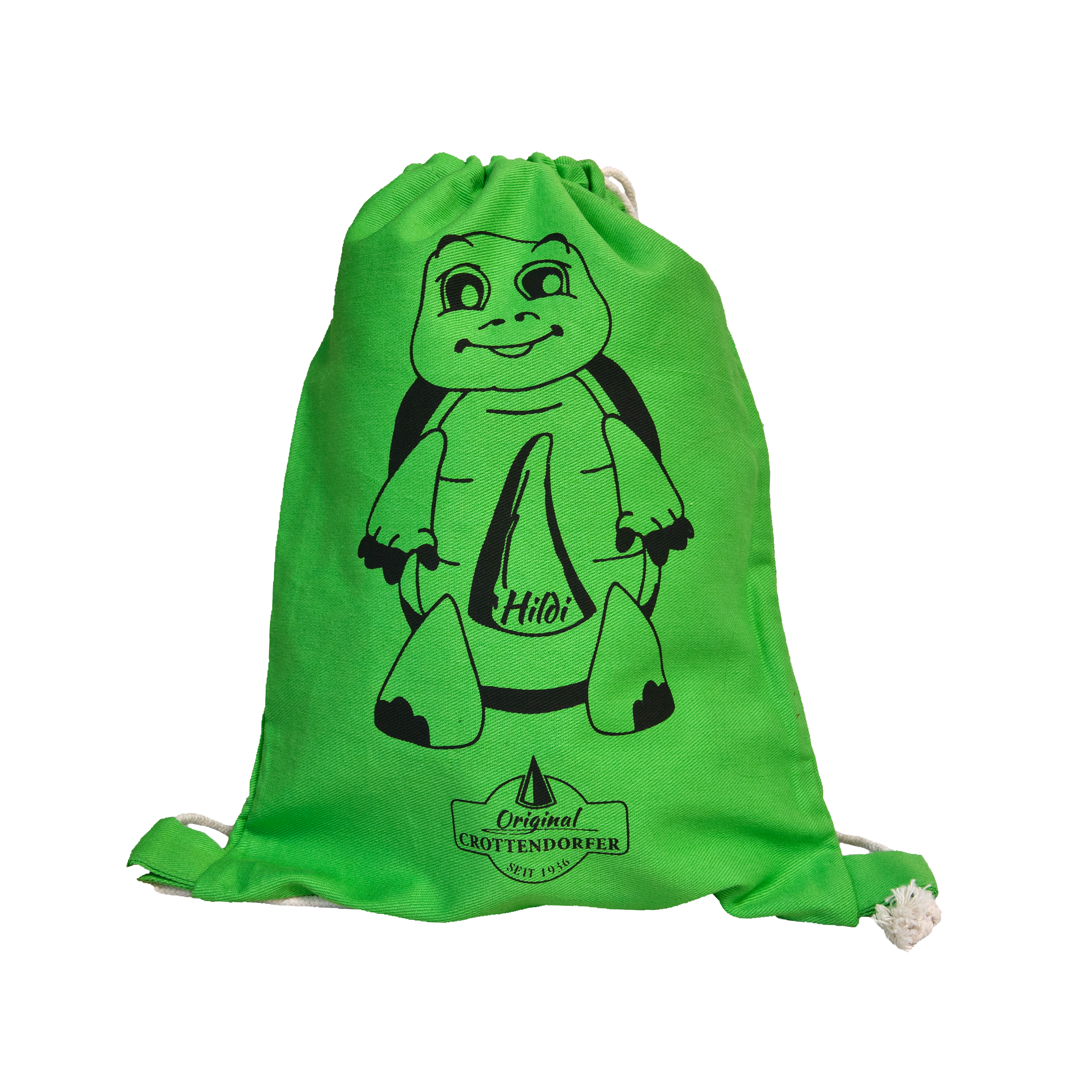 Der Stoffrucksack „Hildi“ von Original Crottendorfer zeigt eine Cartoon-Schildkröte mit „Hilo“ auf dem Bauch, dem Logo und „Seit 1866“. Er besteht aus 100 % Baumwolle und hat robuste weiße Kordelzüge für bequemes Tragen.