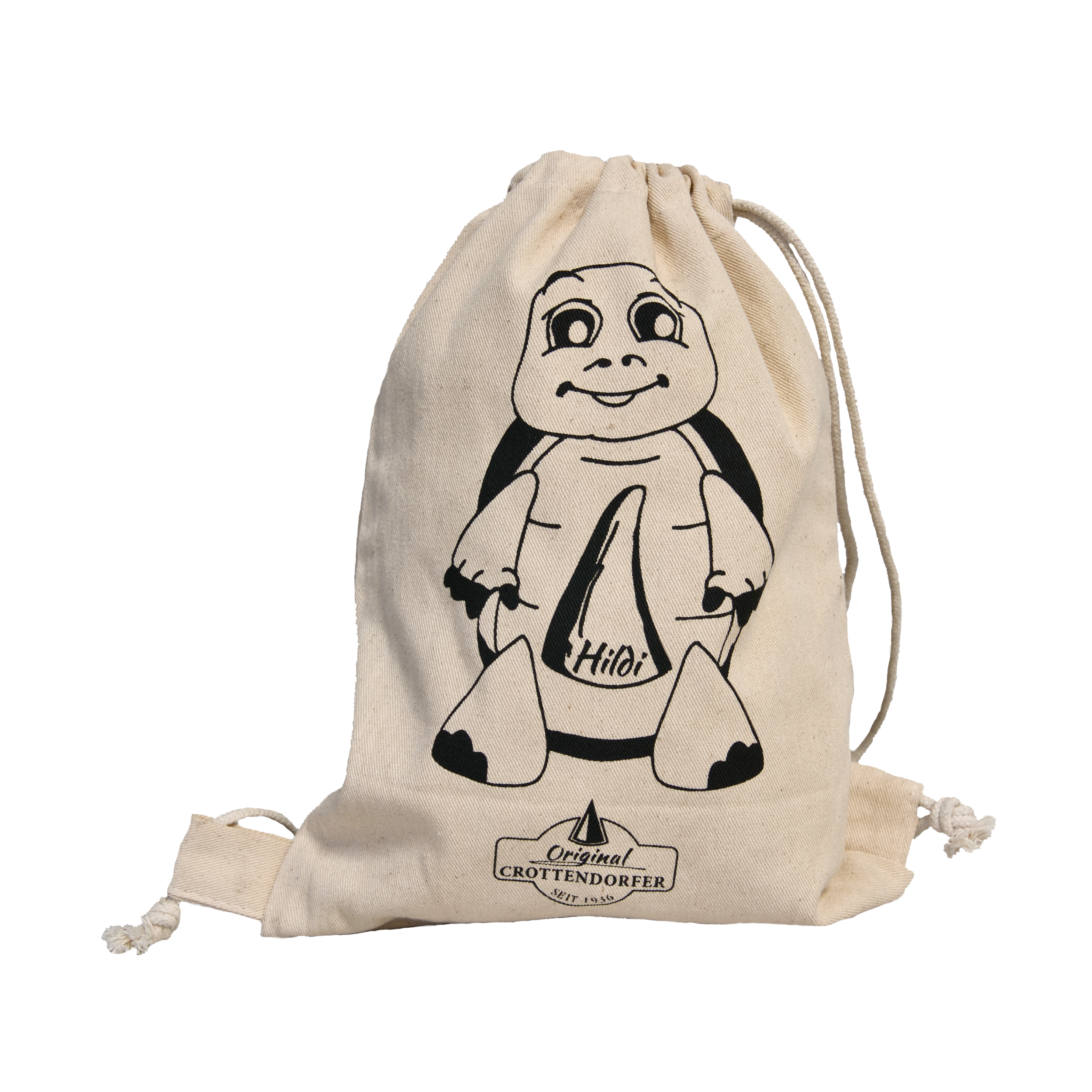 Der Stoffrucksack Kids „Hildi“ von Original Crottendorfer ist ein cremefarbener Rucksack mit einem Cartoon-Schildkröten-Design, auf dessen Schale „Hallo!“ steht. Der aus 100 % Baumwolle gefertigte Rucksack zeigt eine lächelnde Schildkröte und den Text „Original Grottendorfer, Est. 1930“ auf der Unterseite.
.