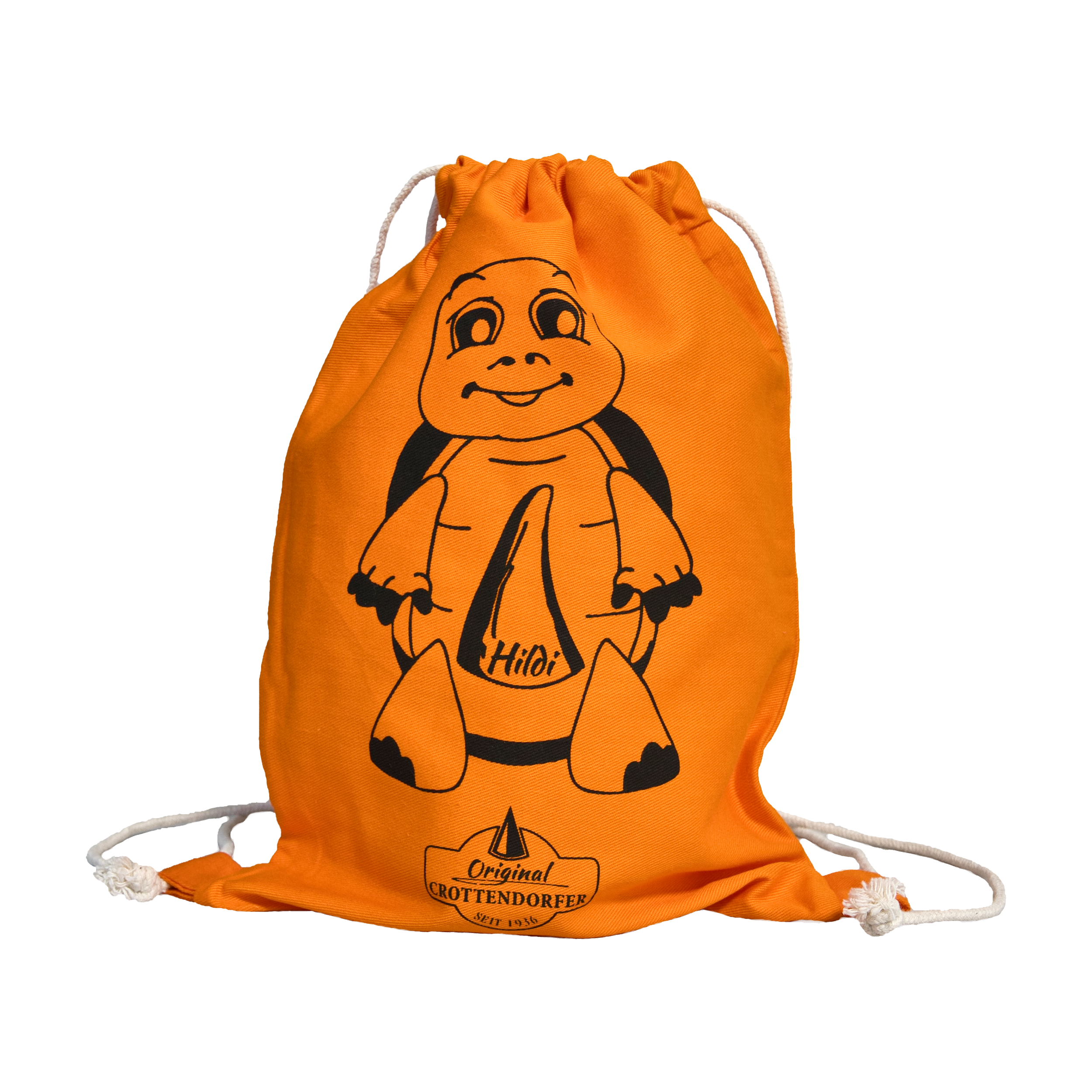 Ein orangefarbener Kinder-Stoffrucksack „Hildi“ von Original Crottendorfer hat eine Cartoon-Schildkröte, den Namen „Hildi“, weiße Kordelzüge und besteht aus 100 % Baumwolle mit der Marke auf der Unterseite.
