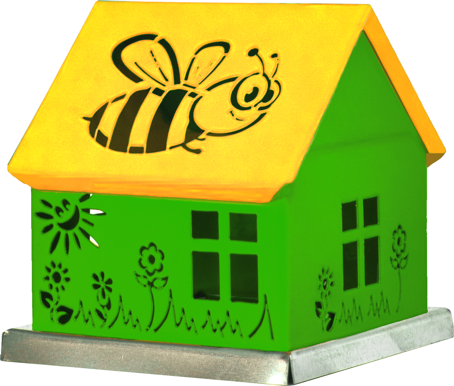 Das Räucherhäuschen Biene grün/gelb der Schürer GmbH ist ein bezauberndes Dekorationsstück mit einem Metallsockel, einem Bienenausschnitt auf dem Dach und floralen Mustern mit Fenstern an den Seiten, perfekt geeignet, um jedem Raum einen skurrilen Gartencharme zu verleihen.