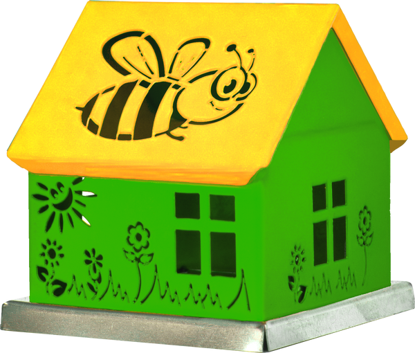 Das Räucherhäuschen Biene grün/gelb der Schürer GmbH ist ein bezauberndes Dekorationsstück mit einem Metallsockel, einem Bienenausschnitt auf dem Dach und floralen Mustern mit Fenstern an den Seiten, perfekt geeignet, um jedem Raum einen skurrilen Gartencharme zu verleihen.