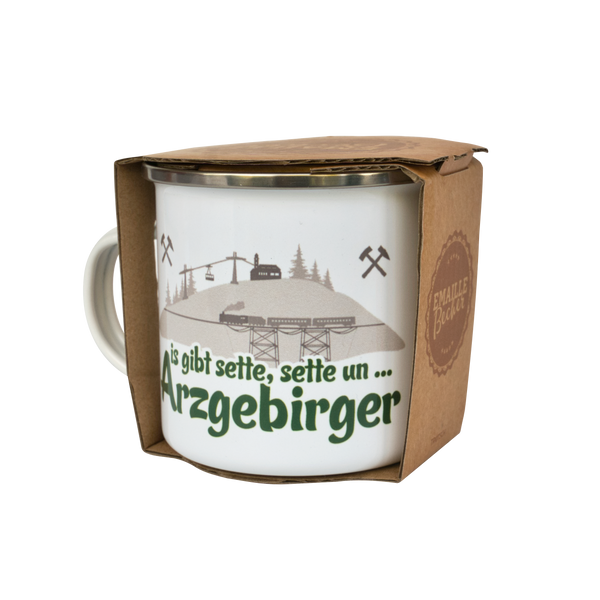 Emailletasse "... Arzgebirger" in Kartonverpackung