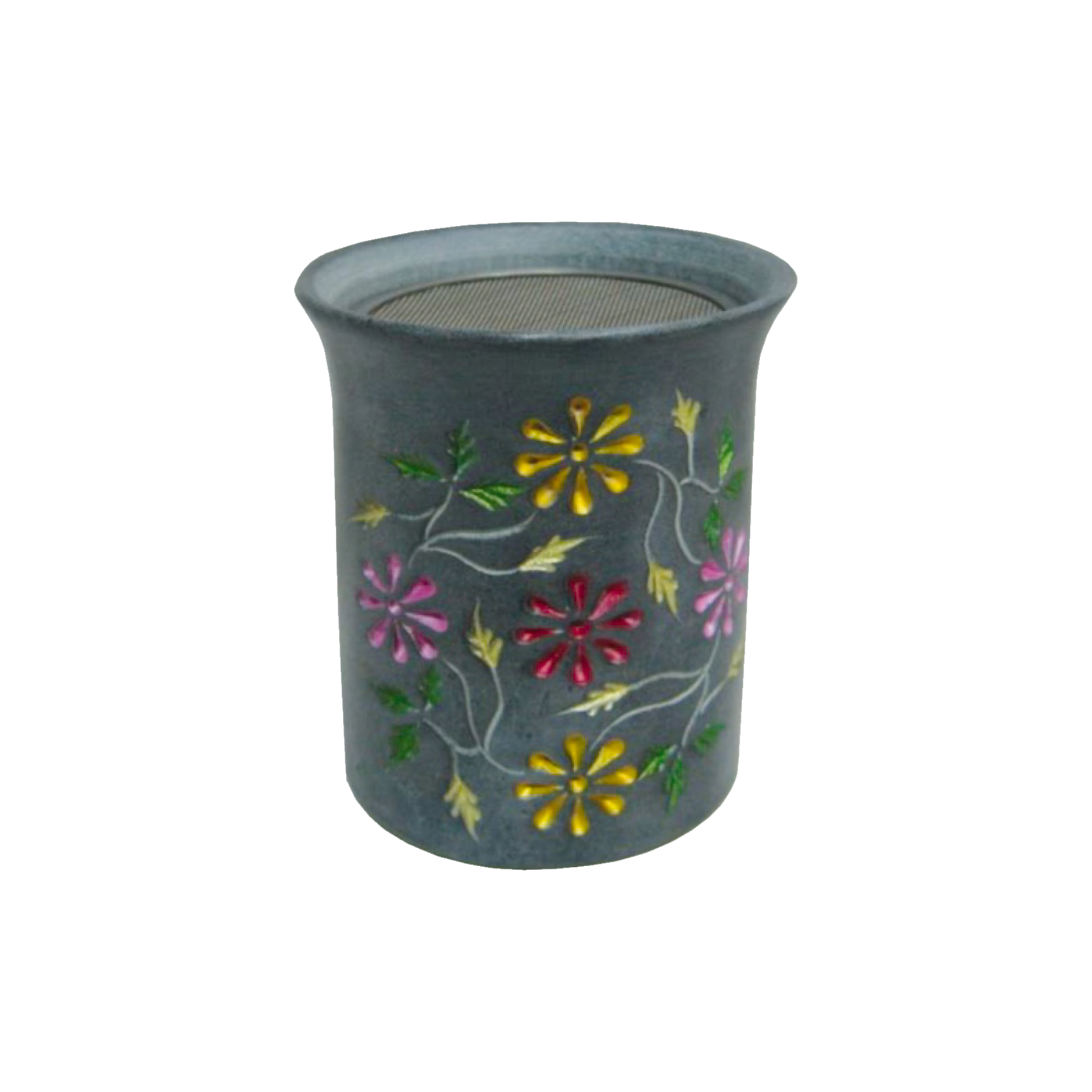 Das Plantaroma Räucherstövchen Ilias Speckstein hat ein graues, zylindrisches Design mit aufgestickten rosa, gelben und roten Blumen mit grünen Blättern und sichtbarem Metallgeflecht auf der Oberseite. Abgebildet vor einem schlichten weißen Hintergrund.