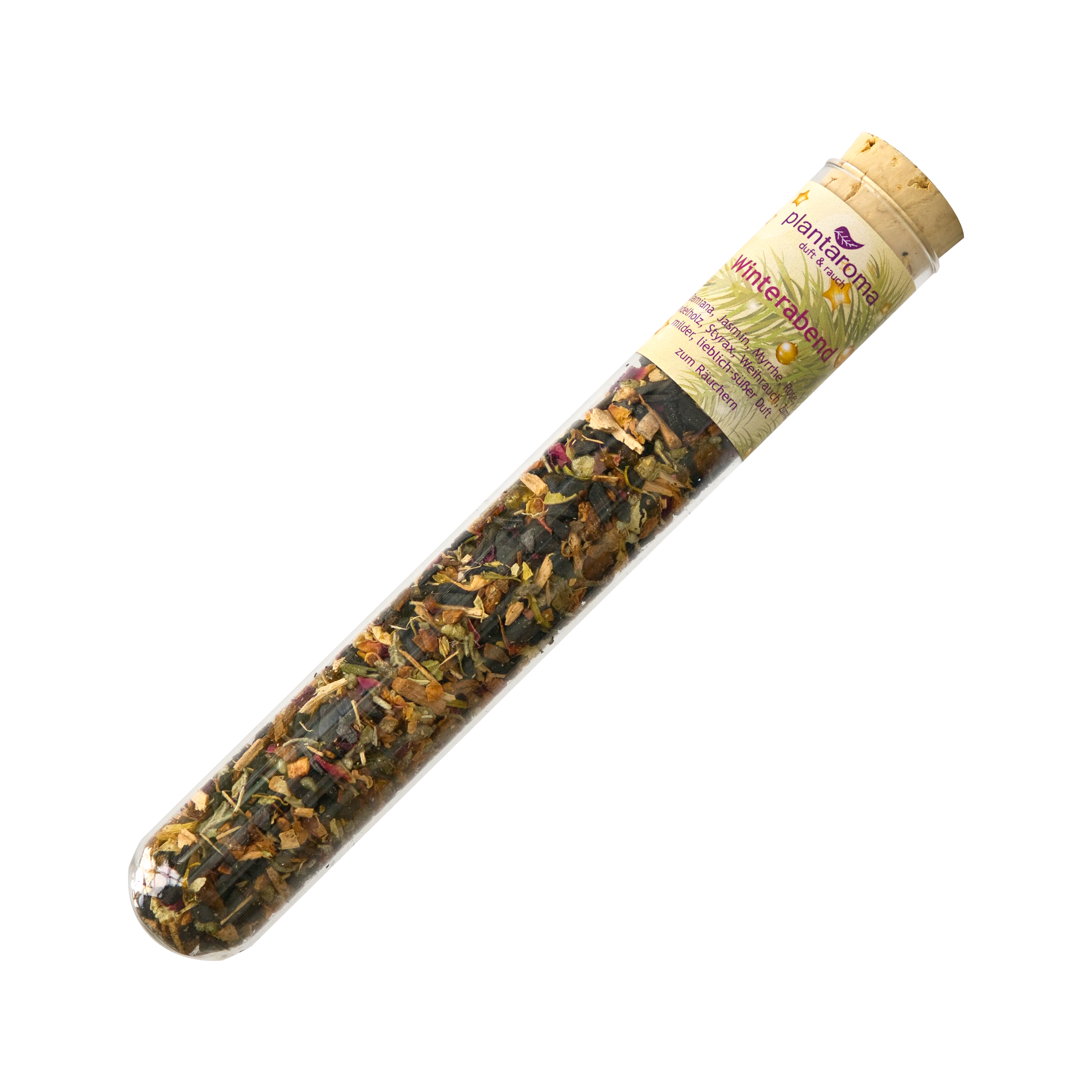 Ein transparentes Reagenzglas mit Korkverschluss enthält eine bunte Mischung aus getrockneten Kräutern und Blütenblättern. Auf dem Etikett steht „Plantaroma Kräutertee“ und der Inhalt wird als „Räuchermittel ‚Winterabend‘“ beschrieben. Es verspricht ein stimmungsvolles Erlebnis, ähnlich wie die Räucherkomposition.