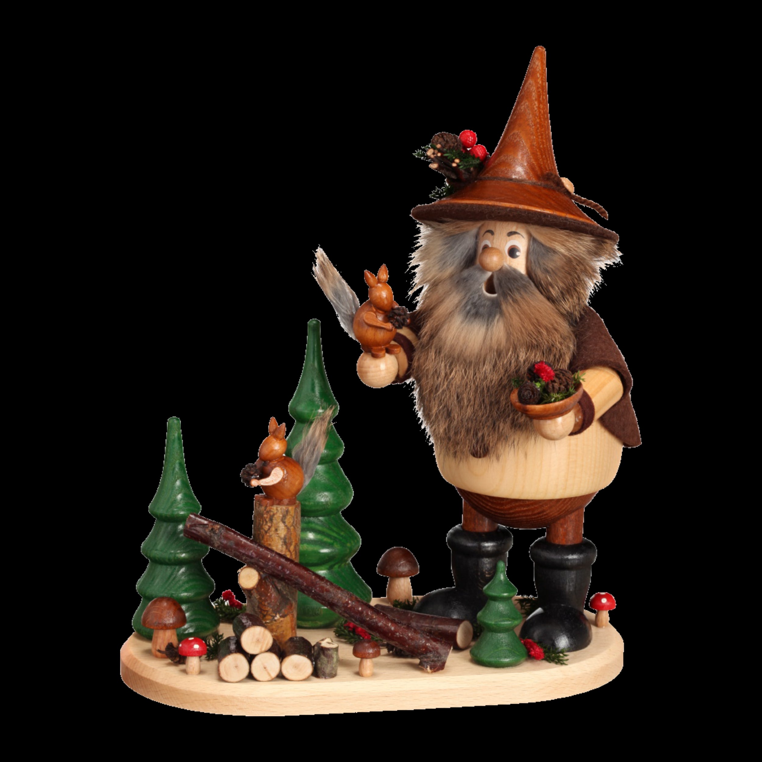Der Waldwichtel mit Eichhörnchen von DWU Drechselwerkstatt Uhlig ist eine Räuchermann-Figur aus Holz, die einen bärtigen Mann mit Hut und Stiefeln darstellt, umgeben von grünen Bäumen. Er hält einen Pilz und ein Eichhörnchen, während Baumstämme, kleine Pilze und weitere Eichhörnchen den Holzsockel schmücken und die erzgebirgische Handwerkskunst hervorheben.
