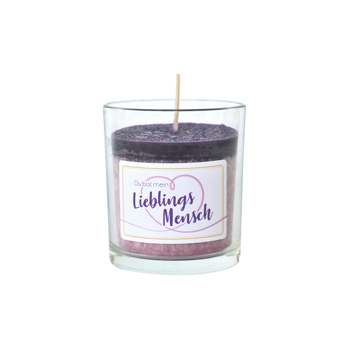 Das Partylicht Wildblumen von The Candle Factory besteht aus einem Glashalter mit einer violetten und rosa Kerze aus pflanzlichem Stearin. Sie trägt die Botschaft „Du bist mein Lieblingsmensch“ in dekorativer Schrift, umgeben von einem Herzen, mit einem Docht in der Mitte, alles in Deutschland hergestellt.