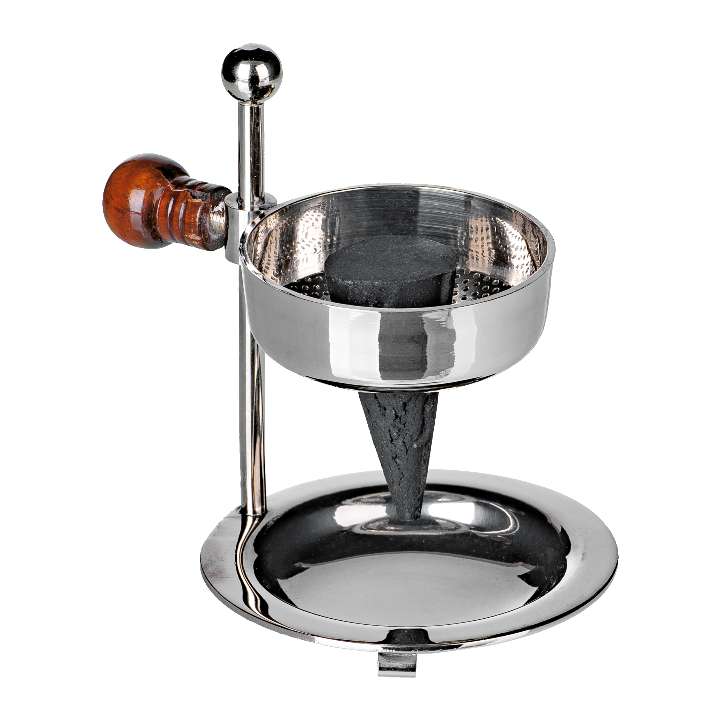 Ein Weihrauchbrenner aus vernickeltem Messing von Original Crottendorfer Räucherkerzen besticht durch ein poliertes, minimalistisches Design mit einem perforierten Metallkegel und einem Holzgriff auf einem verstellbaren Ständer mit runder Basis – ideal für alle, die Wert auf Form und Funktion legen.