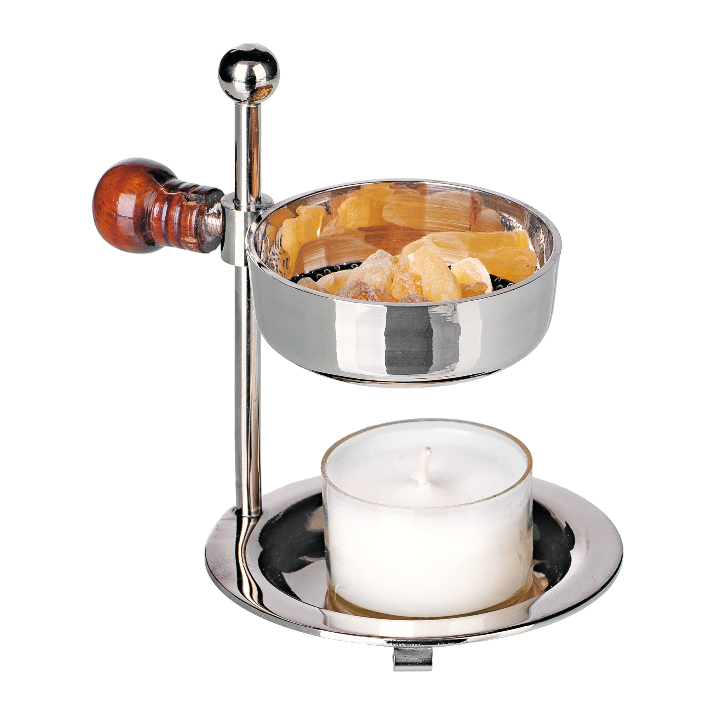Der Weihrauchbrenner aus Messing vernickelt von Original Crottendorfer Räucherkerzen besticht durch sein elegantes, reflektierendes Silberdesign mit Holzgriff, Schale für goldenes Harz und Platz für ein Teelicht. Er ist höhenverstellbar und passt sich so perfekt Ihren aromatischen Bedürfnissen an.