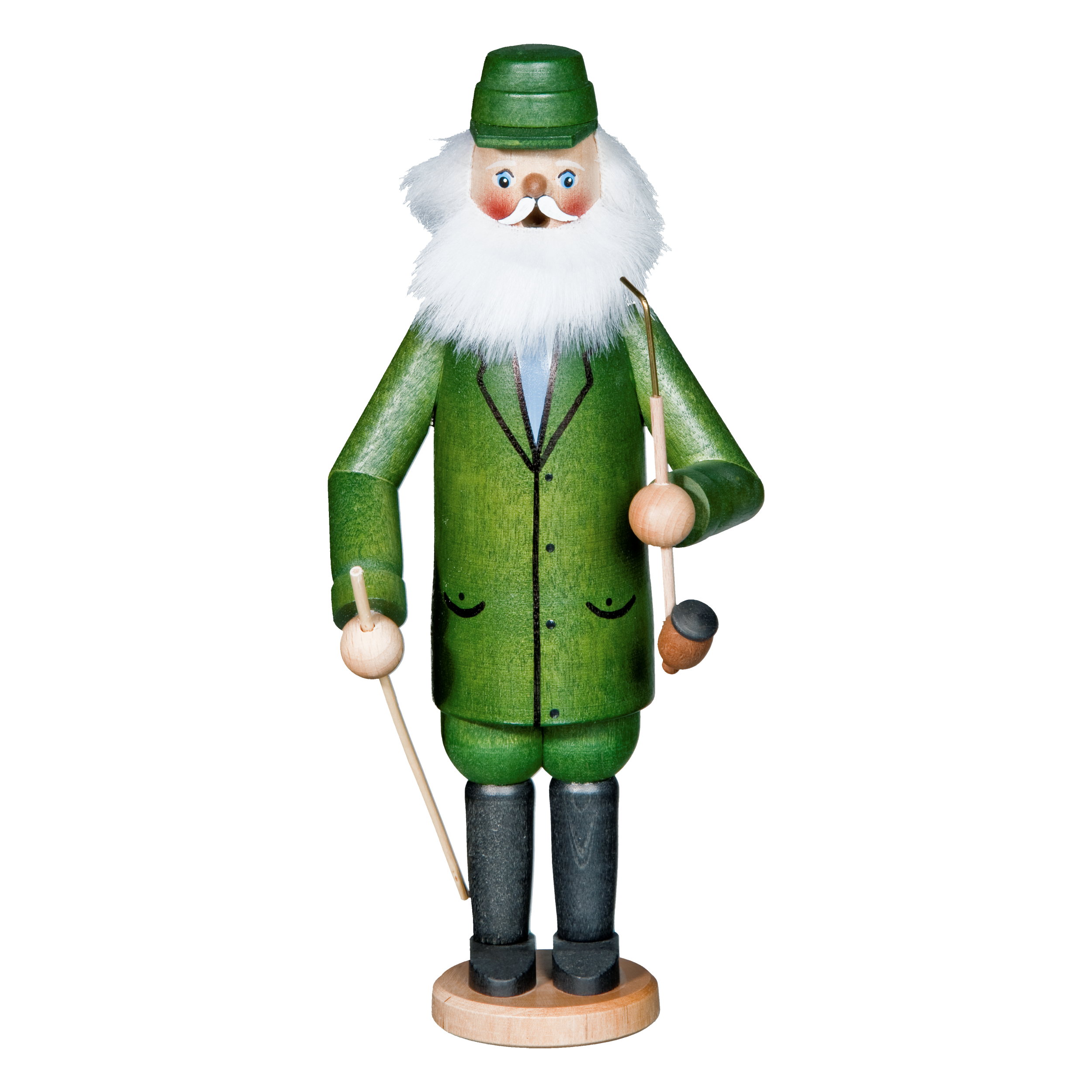 Original Crottendorfer Räuchermann von Original Crottendorfer Räucherkerzen zeigt einen bärtigen Mann in grünem Mantel und Hut, der einen Spazierstock hält. Die Figur hat schwarze Stiefel, eine Pfeife auf der Brust und ist auf einem runden Holzsockel montiert.