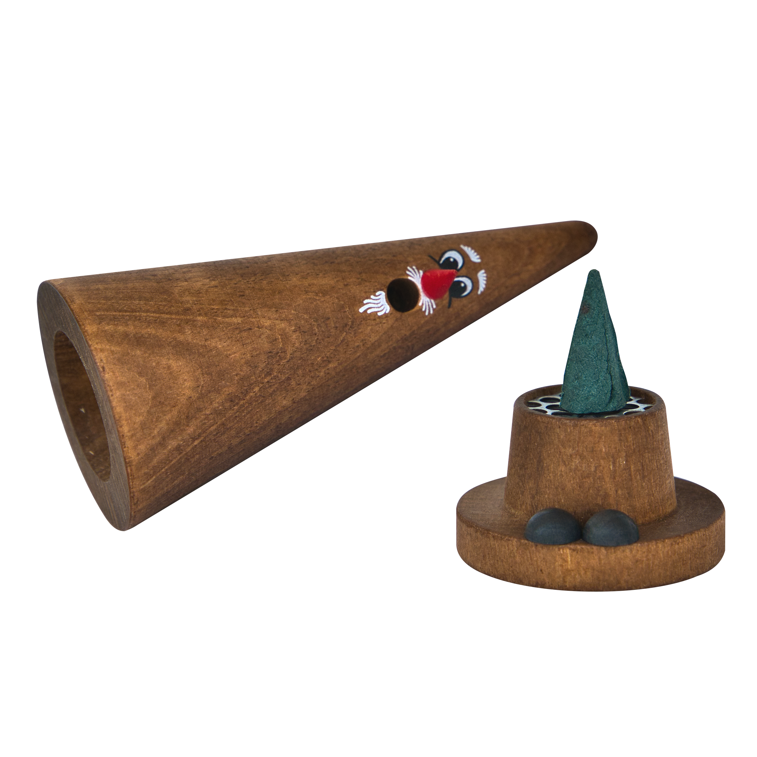 Räucherfigur Crottendorfer Ziegenbein Addi Advent (braun), geöffnet mit Räucherkerze