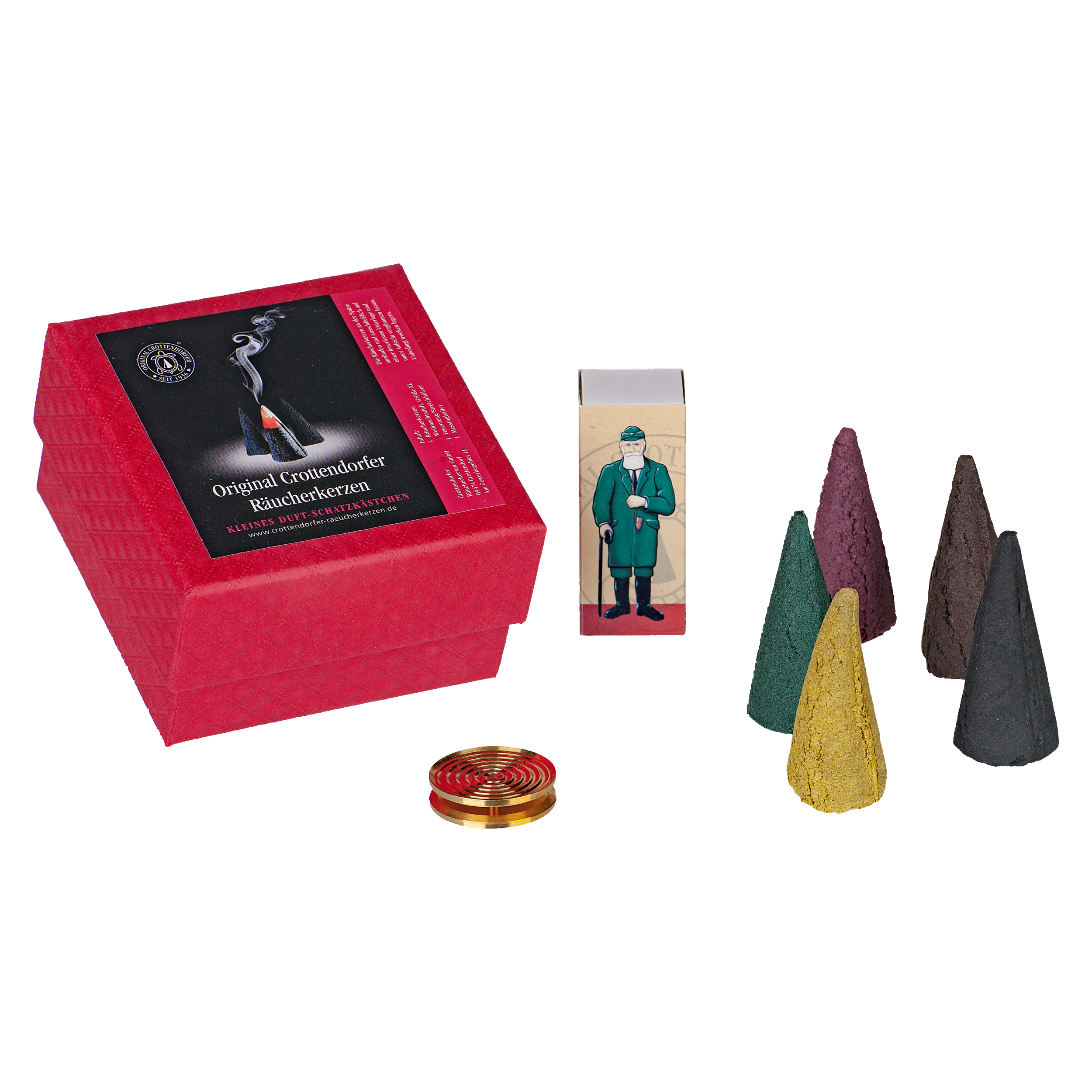 Die Geschenkbox „Riesen“ von Original Crottendorfer Räucherkerzen enthält eine rote Box, eine kleine illustrierte Box, vier bunte Weihnachtsdüfte-Räucherkegel und einen runden Messingschalenhalter.