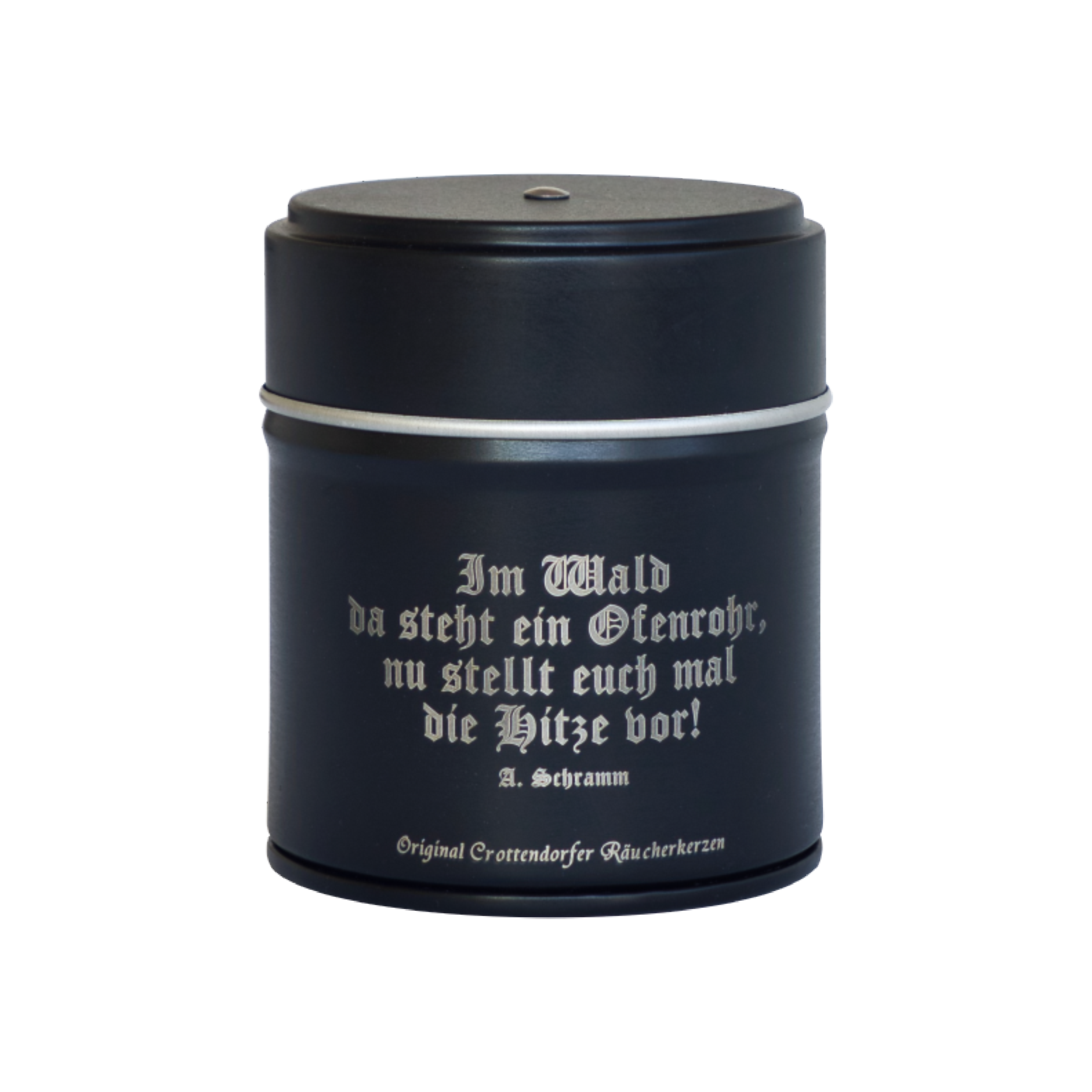 Eine elegante schwarze Blechdose mit silbernem deutschen Text: „Im Wald da steht ein Ofenrohr, nu stellt euch mal die Hitze vor! A. Schramm.“ und von Original Crottendorfer Räucherkerzen als Räucherfass Erzgebirgische Sprüche bezeichnet, verkörpert authentisches Räuchervergnügen.