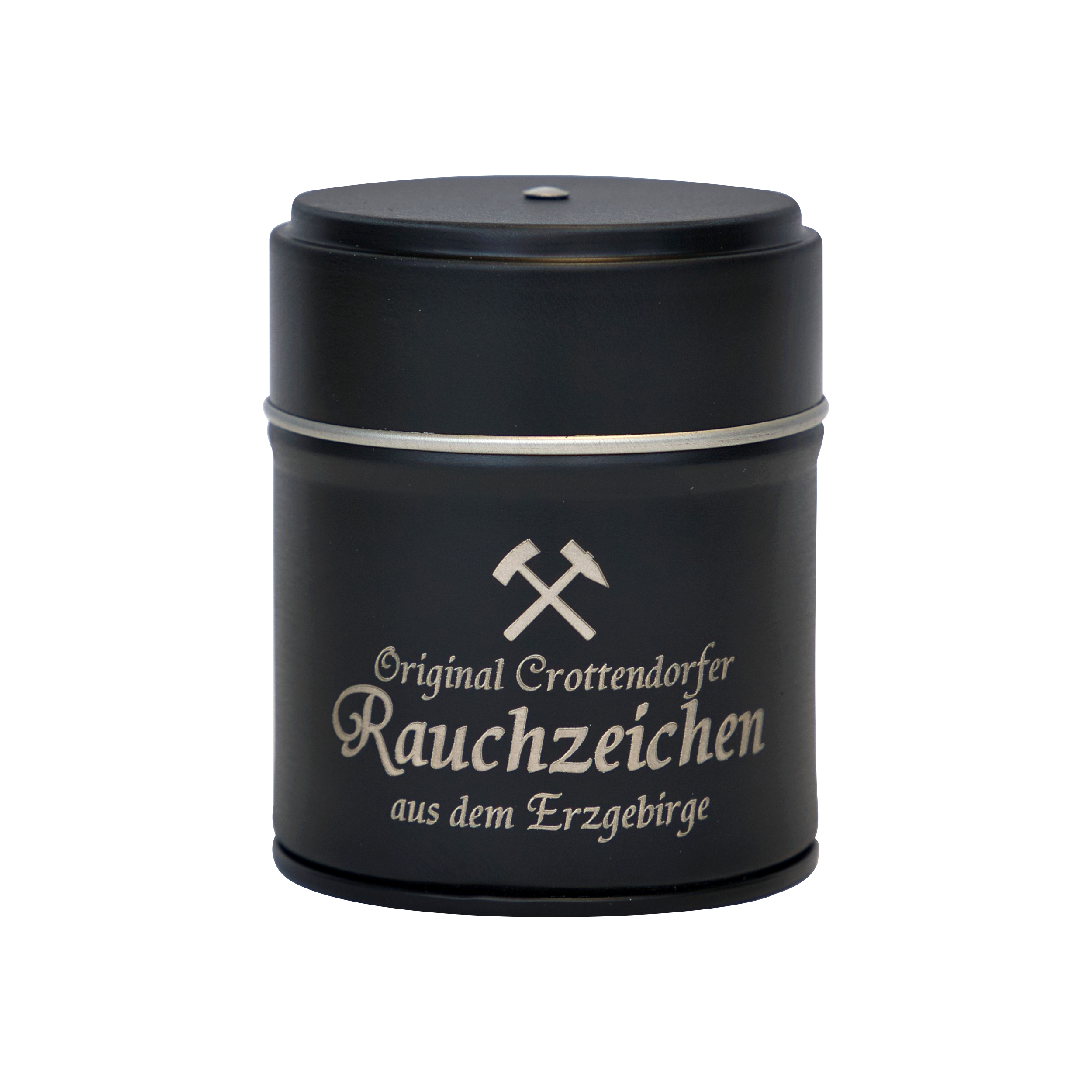 Für ein herrliches Räuchervergnügen sorgt eine Blechdose „Räucherfass Erzgebirgische Sprüche“ von Original Crottendorfer Räucherkerzen mit gekreuztem Hämmerlogo.