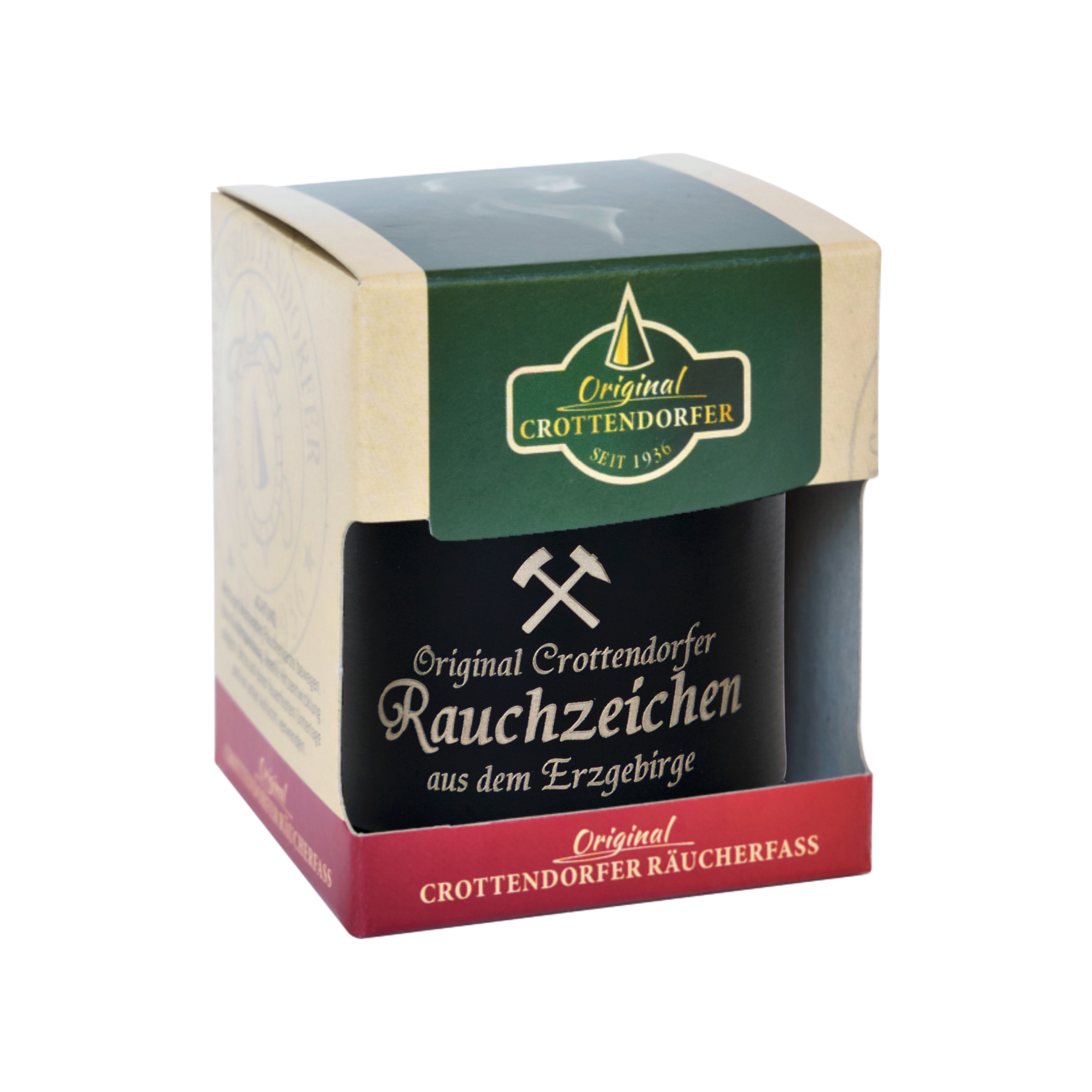 Das Räucherfass Erzgebirgische Sprüche von Original Crottendorfer Räucherkerzen ist eine kleine schwarze Schachtel mit grünen und roten Akzenten, auf der das ikonische Hammersymbol der Marke abgebildet ist. Es ist perfekt für echtes Räuchervergnügen mit Ihrem Lieblings-Räucherkerzenhalter.