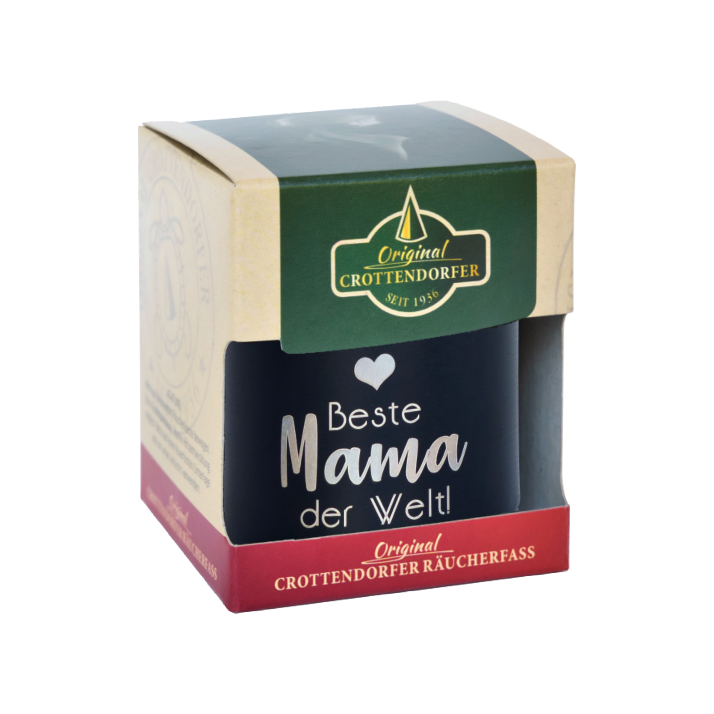 Die Original Crottendorfer Räucherkerzen „Räucherfass Mama“ haben eine Schachtel mit grünem Deckel und Vintage-Charme, in der sich eine dunkle Dose mit der Aufschrift „Beste Mama der Welt“ in weißer Schrift und einem Herz befindet – ideal zum Verschenken oder zur Bereicherung Ihres Räuchererlebnisses.