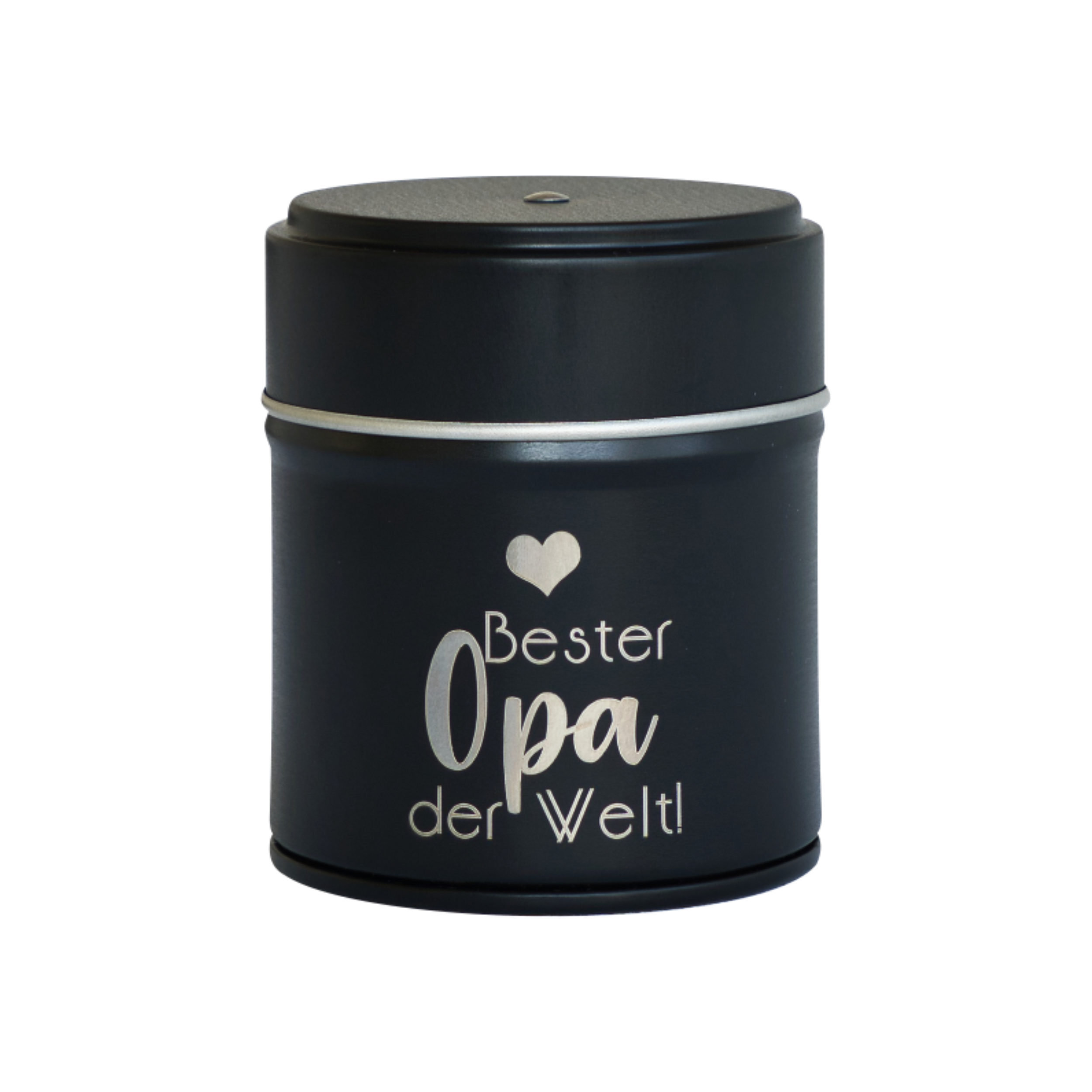 Das „Räucherfass Mama, Papa, Oma, Opa“ von Original Crottendorfer Räucherkerzen ist eine bezaubernde schwarze Dose mit „Bester Opa der Welt“ in weißer Schrift und einem kleinen Herz darüber, perfekt für jede Umgebung.