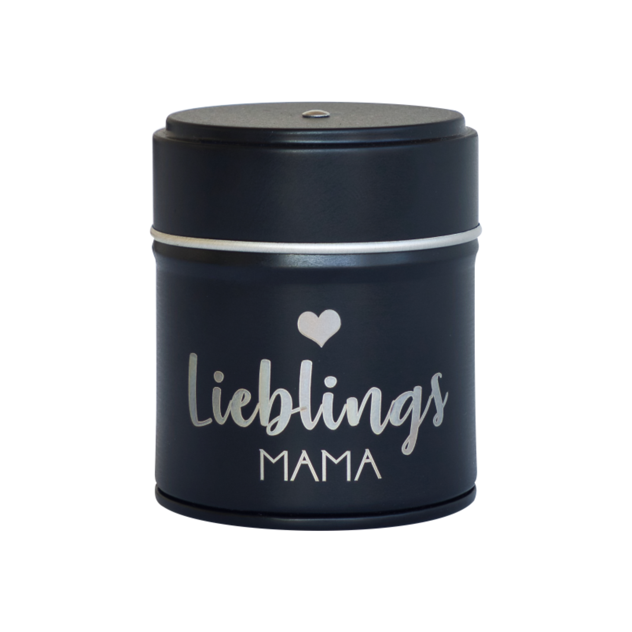 Ein schlanker, schwarzer, zylindrischer Behälter, ähnlich einer Blechdose, trägt auf der Vorderseite ein schimmerndes silbernes „Lieblings Mama“- und Herzsymbol. Er ist Teil des Räucherfasses Mama, Papa, Oma, Opa von Original Crottendorfer Räucherkerzen.