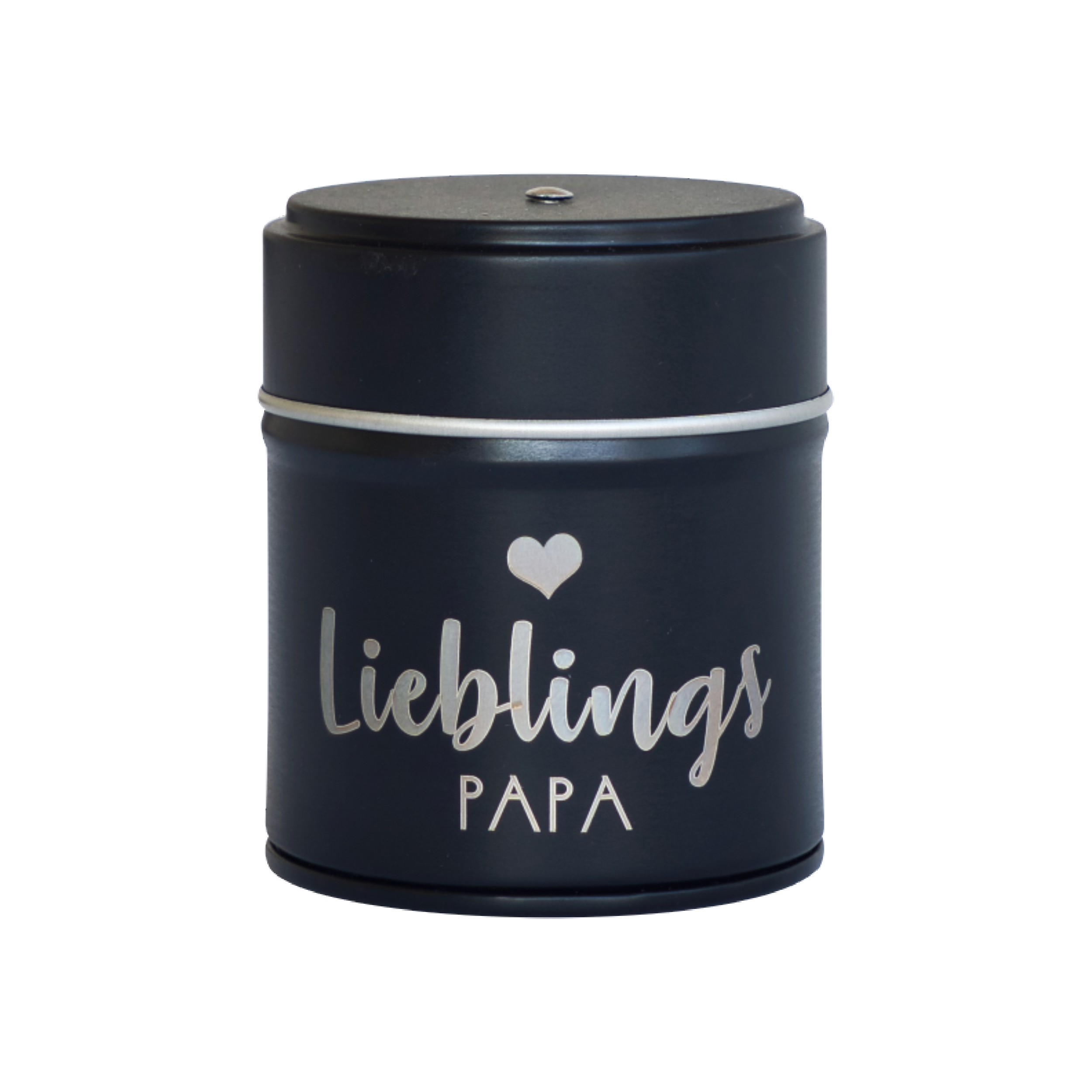 Das Räucherfass Mama, Papa, Oma, Opa von Original Crottendorfer Räucherkerzen ist eine schwarze Blechdose mit abnehmbarem Deckel und dem weißen Schriftzug „Lieblings Papa“ neben einem Herz. Es eignet sich ideal zur Aufbewahrung von Andenken oder als stilvoller Räucherkerzenhalter für ein noch größeres Räuchervergnügen.