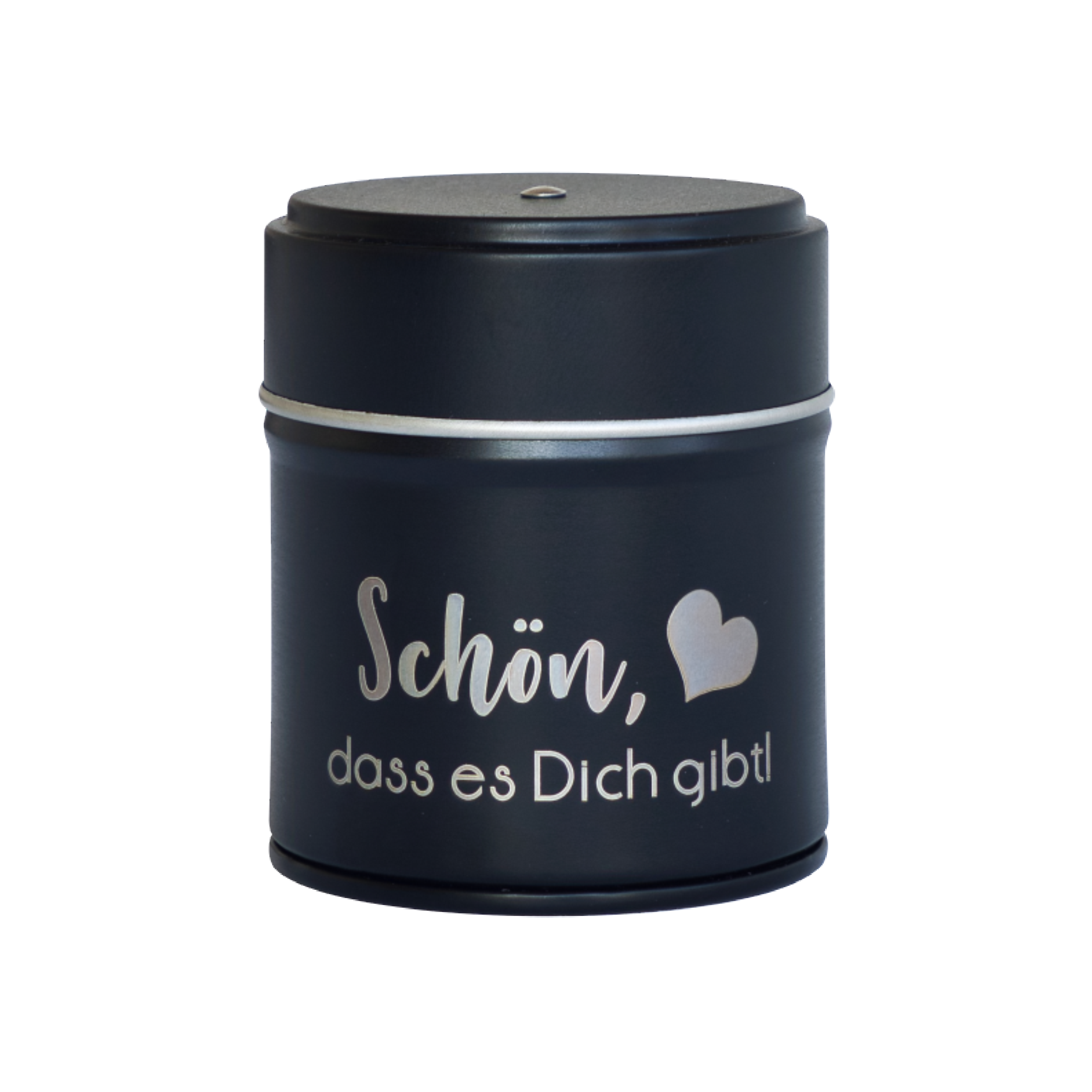 Die Räucherfass-Sprüche von Original Crottendorfer Räucherkerzen sind ein schicker schwarzer Behälter mit silbernem Deckel und der Aufschrift „Schön, dass es Dich gibt!“. in Weiß und einem zarten Herzen. Ideal, um Ihr Räucherkerzenhalter-Display mit Eleganz aufzuwerten.