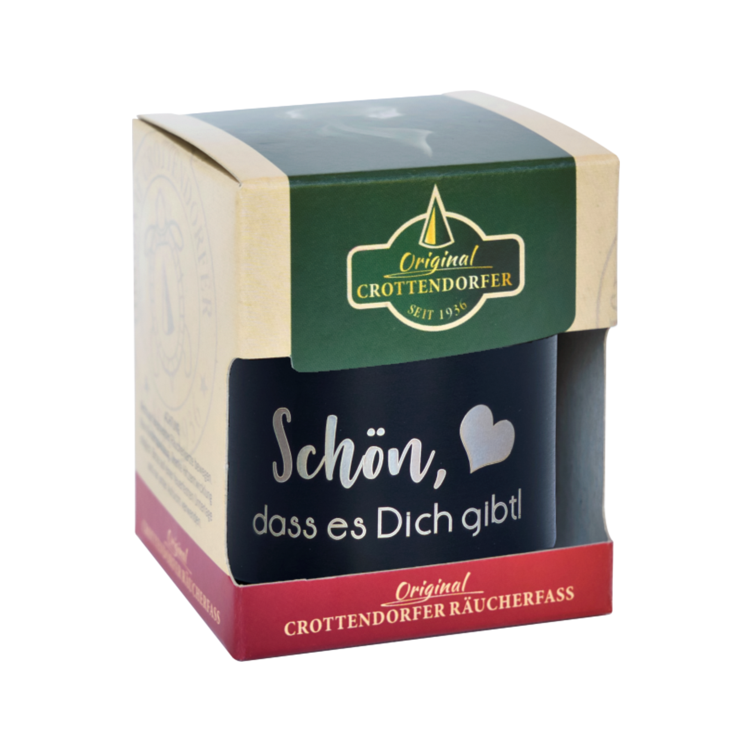 Die Räucherfass-Sprüche von Original Crottendorfer Räucherkerzen verfügen über eine leuchtend grün-rote Box mit der Aufschrift „Schön, dass es Dich gibt!“ und ein Herzsymbol. Es bietet ultimatives Räuchervergnügen und passt wunderbar zu einer Blechdose für Ihre Räucherkerzenhalter-Essentials.
