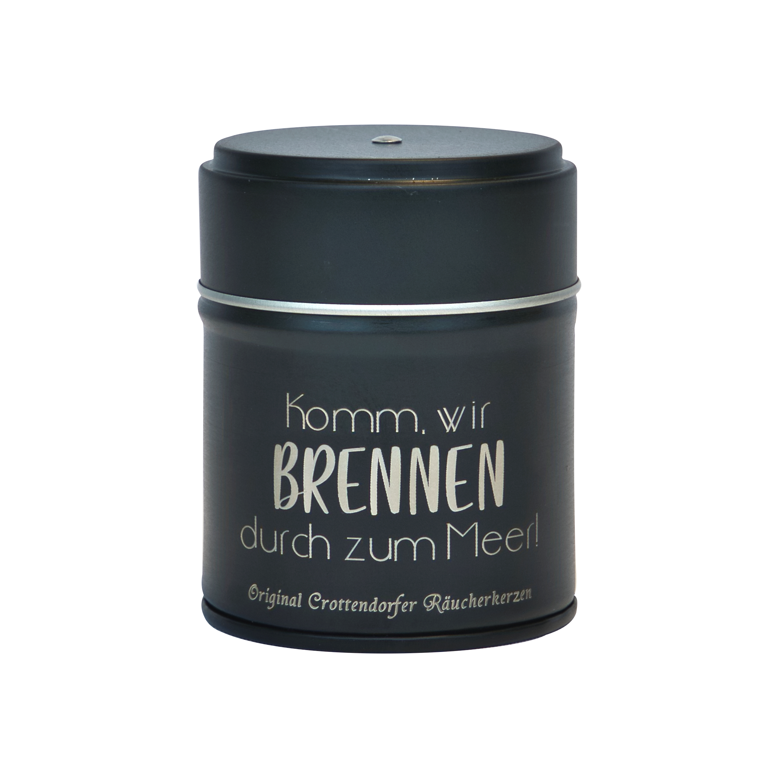 Ein schlanker schwarzer zylindrischer Räucherfass mit Sprüchen zeigt „Komm, wir BRENNEN durch zum Meer! Original Crottendorfer Räucherkerzen.“ Ideal zur Verfeinerung Ihres Räuchervergnügens.