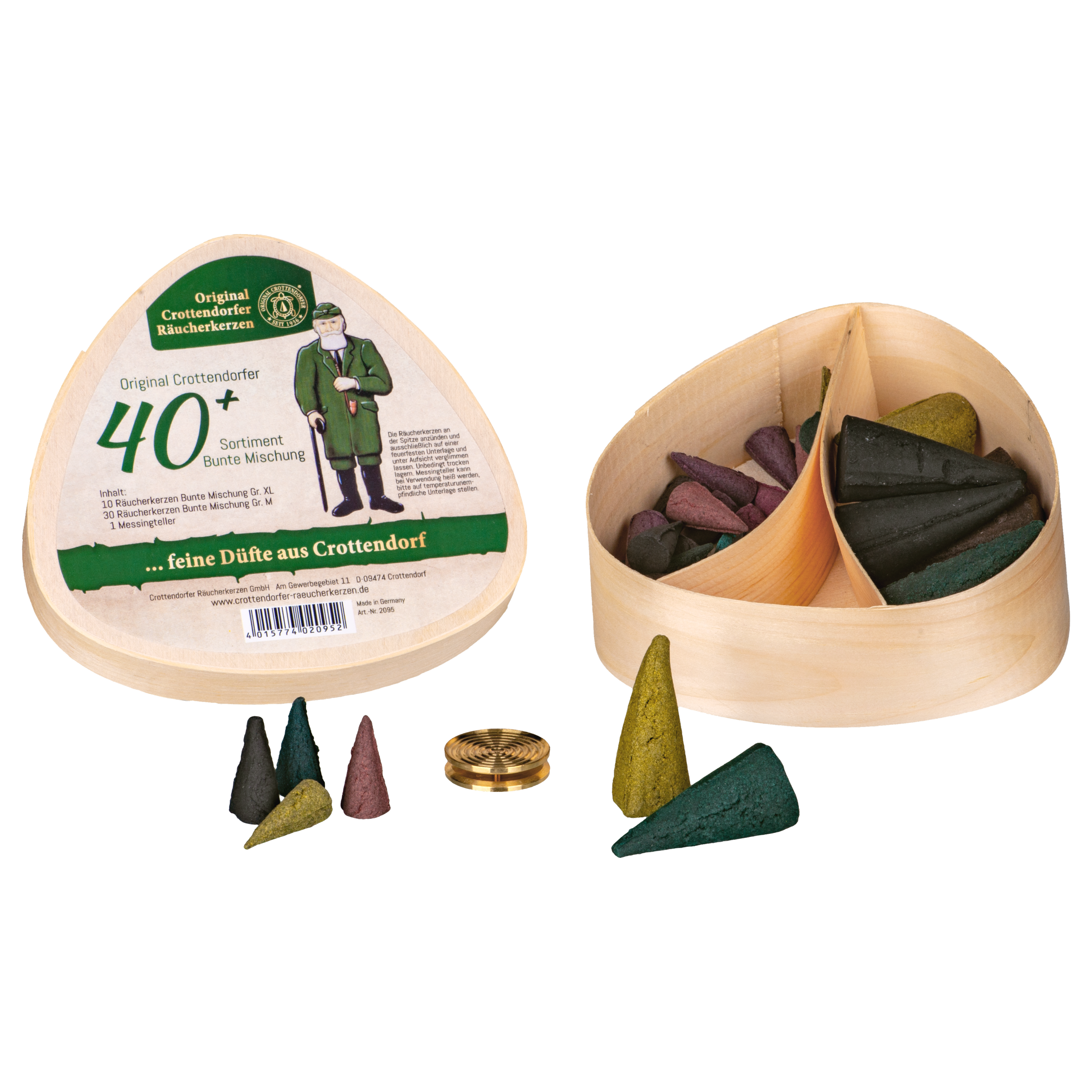 Das Geschenkset Spanschachtel 40+ von Original Crottendorfer Räucherkerzen ist ein dreieckiges Holzkästchen mit unterteilten Abschnitten, die bunte Räucherkegel enthalten. Der Deckel zeigt einen deutschen Text und das Bild eines Mannes, daneben Kegel und einen Messingteller.