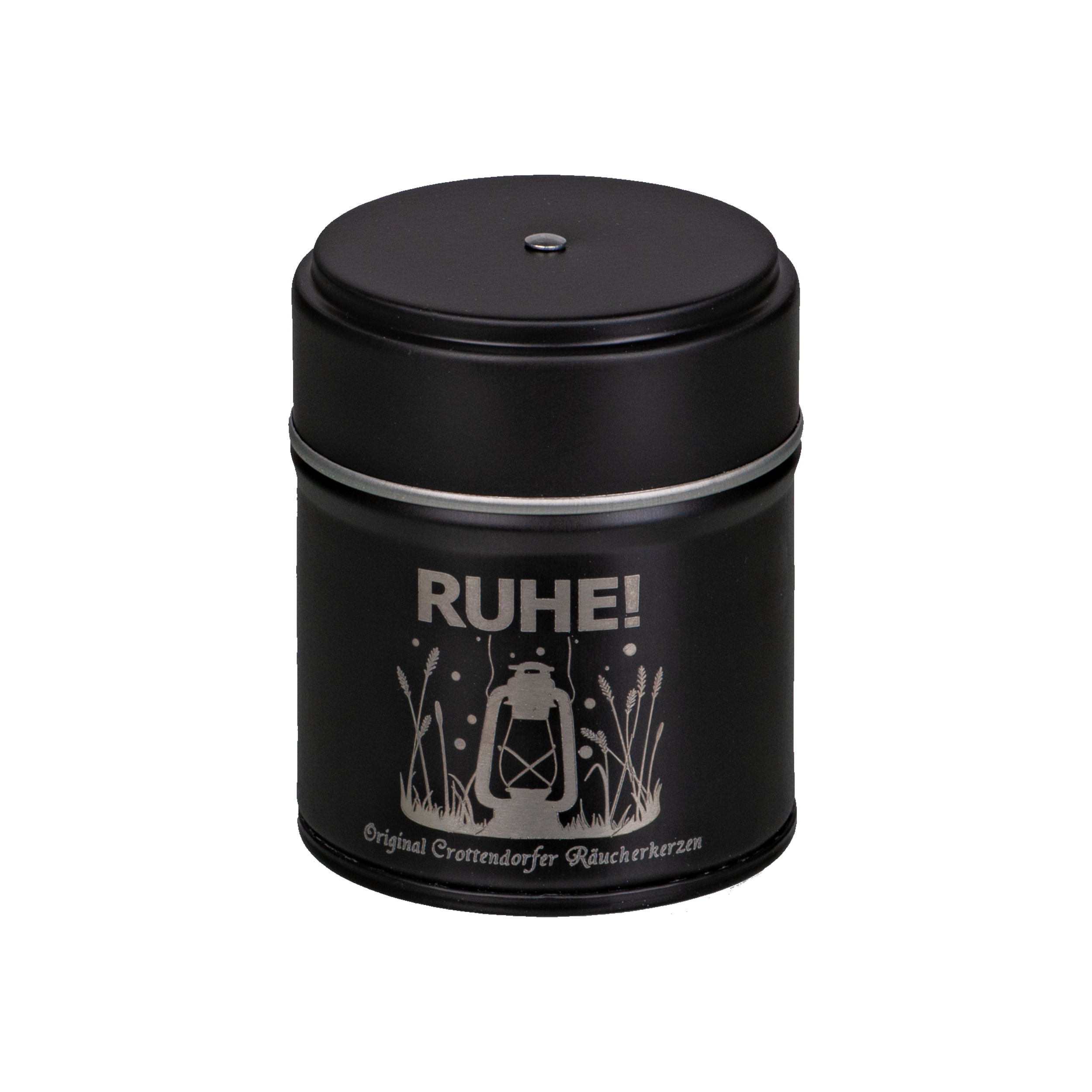 Das RUHE! Räucherfass von Original Crottendorfer Räucherkerzen ist eine schwarze Zylinderdose mit dem Schriftzug „RUHE!“ in Weiß, dekoriert mit einer Laterne und Gräsern, ideal für genussvolle Räuchererlebnisse.