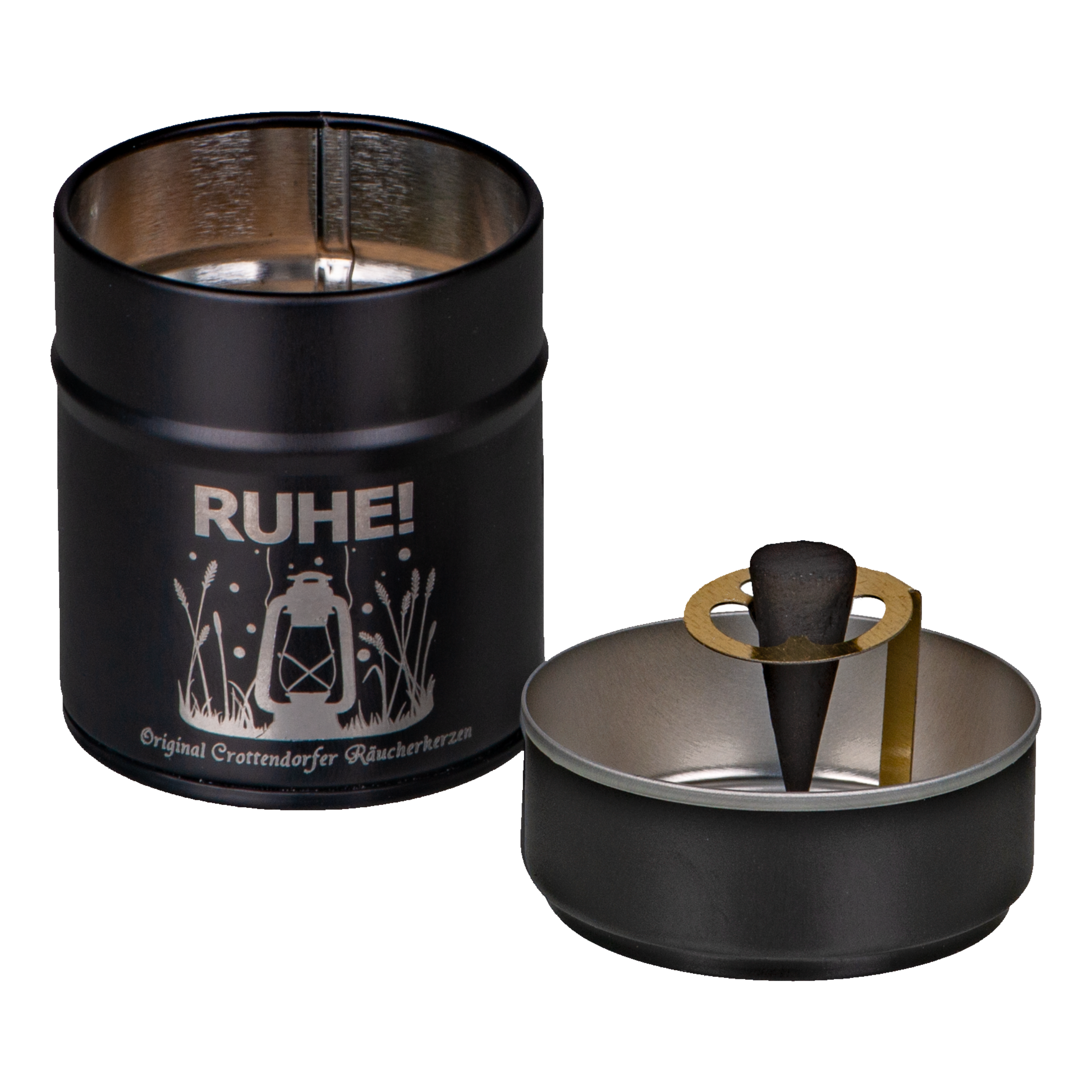 Das RUHE! Räucherfass von Original Crottendorfer Räucherkerzen ist ein schwarzer metallischer Kerzenständer mit Blumen- und Laternenmotiven. Er enthält einen Metallkegelhalter in einer runden Schale, ideal für ein beruhigendes oder meditatives Erlebnis.