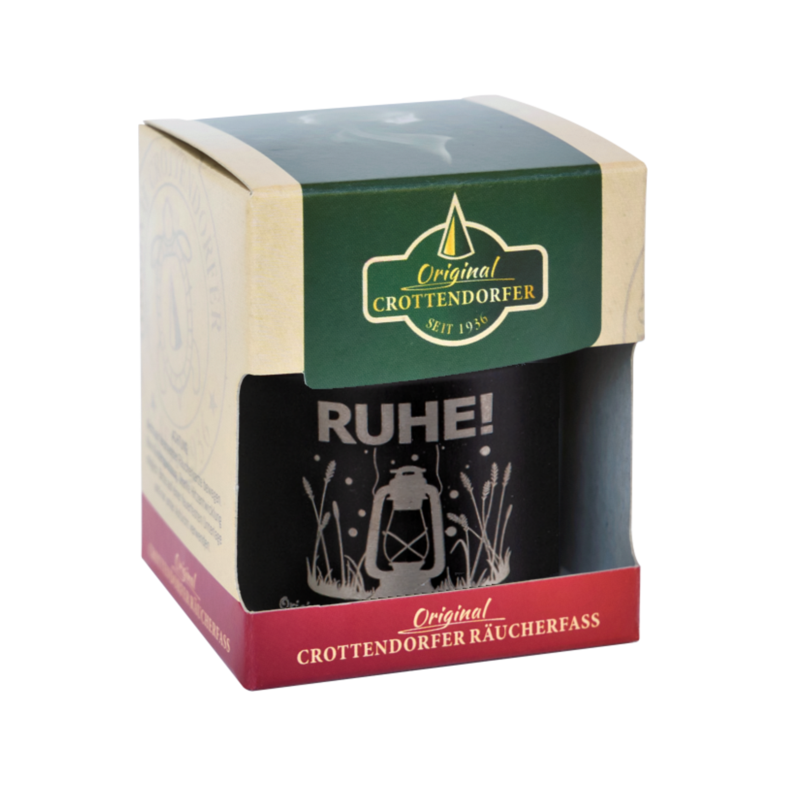 Das RUHE! Räucherfass von Original Crottendorfer Räucherkerzen ist elegant in Grün und Creme verpackt und verkörpert mit seinem Branding perfekt das „Räuchervergnügen“. Der schlichte schwarze Topf ziert prominent der „Ruhe!“-Text.