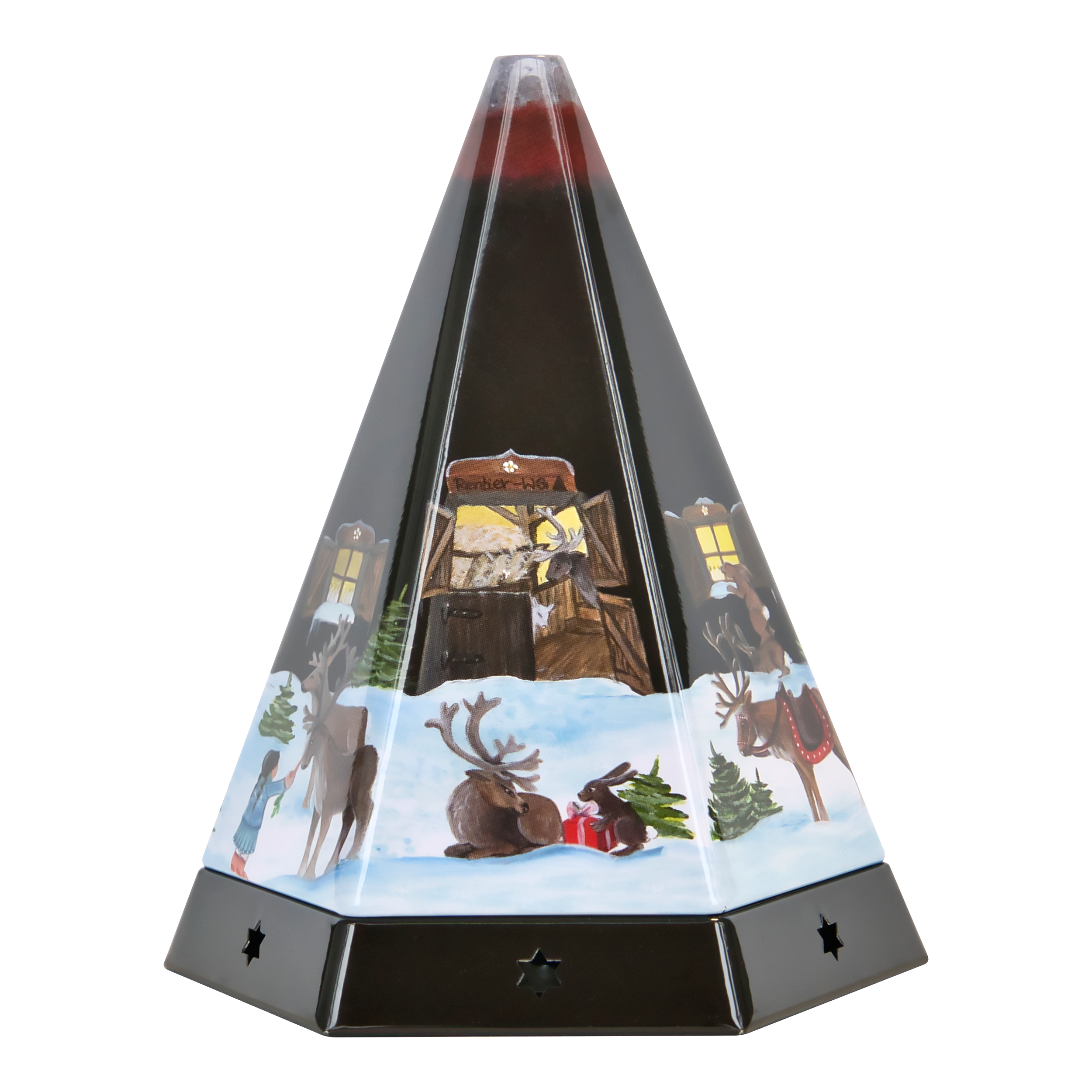 Die Räucherpyramide aus Metall von Original Crottendorfer Räucherkerzen besteht aus einer dreieckigen Glaspyramide mit Rentieren, Bäumen, einem roten Geschenk auf schneebedecktem Sockel und einem leuchtenden Haus. Sternförmige Aussparungen im Metallsockel verleihen ihr den Charme eines perfekten Räucherkerzenhalters für die Feiertage.
