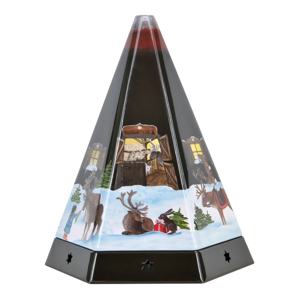 Die Räucherpyramide aus Metall von Original Crottendorfer Räucherkerzen besteht aus einer dreieckigen Glaspyramide mit Rentieren, Bäumen, einem roten Geschenk auf schneebedecktem Sockel und einem leuchtenden Haus. Sternförmige Aussparungen im Metallsockel verleihen ihr den Charme eines perfekten Räucherkerzenhalters für die Feiertage.