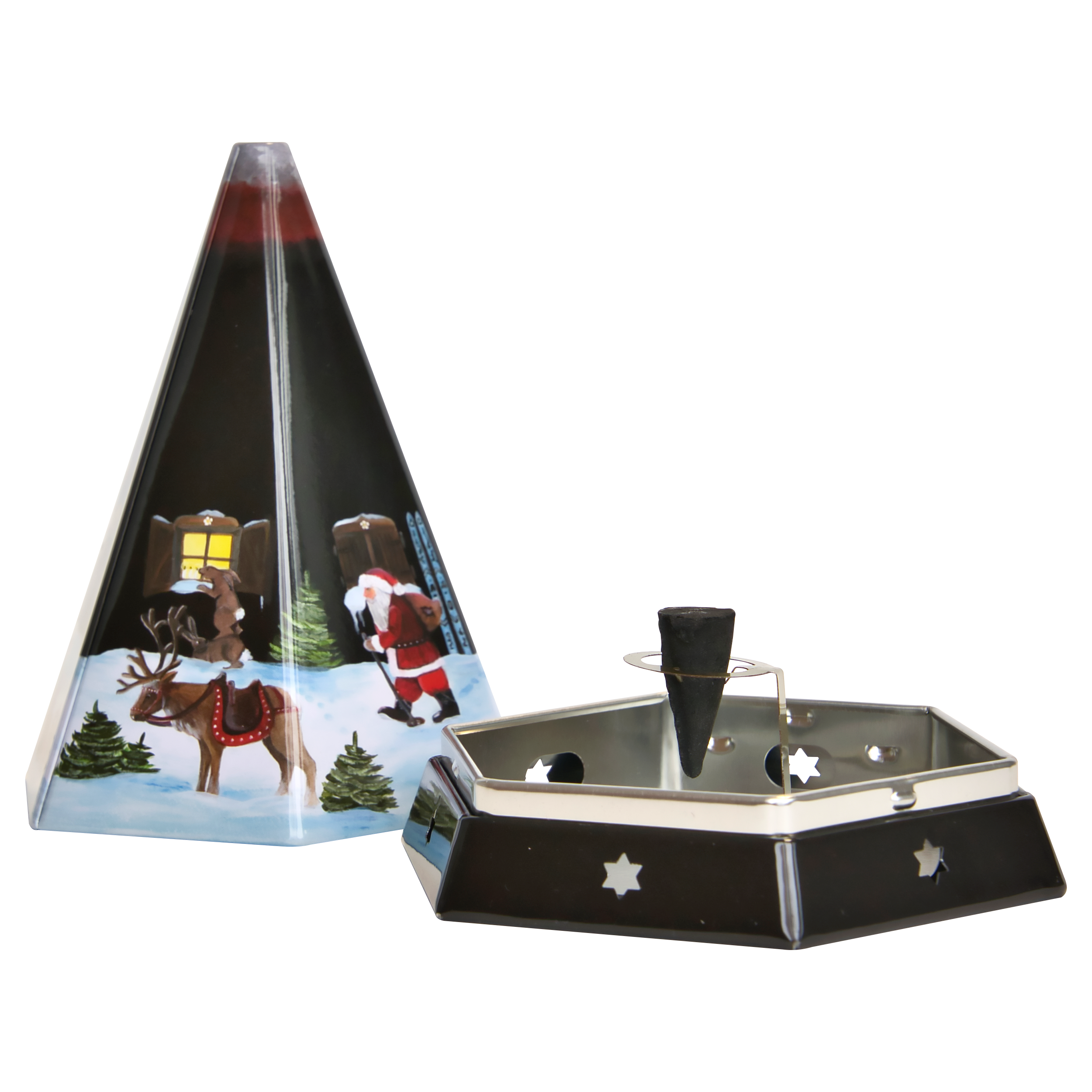 Eine schwarze Räucherpyramide aus Metall von Original Crottendorfer Räucherkerzen zeigt eine weihnachtliche Weihnachtsmann- und Rentier-Illustration. Sie hat einen sechseckigen Sockel mit Sternausschnitten, einen kleinen Tütenhalter und einen abnehmbaren Deckel daneben.