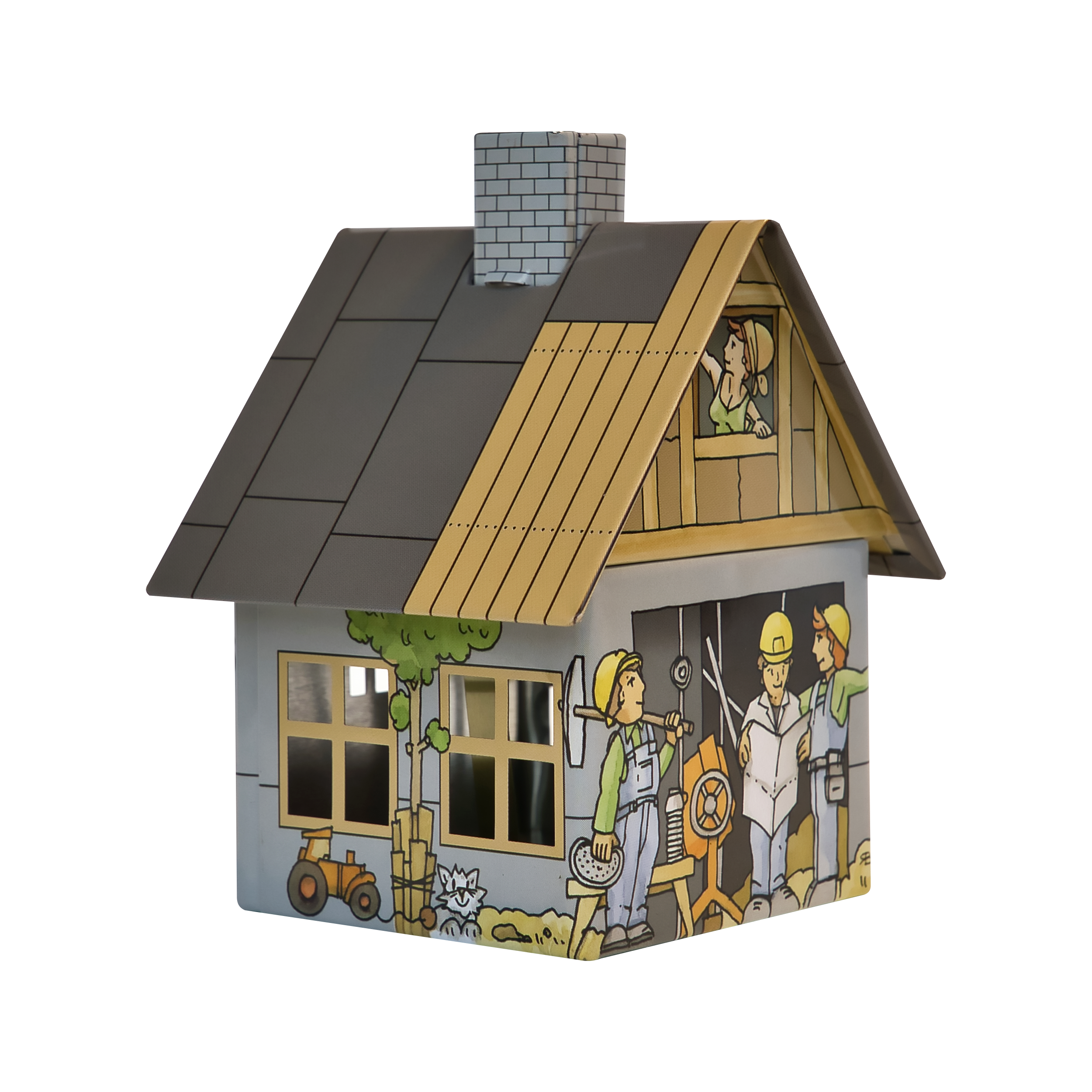 Das Räucherhäuschen Baustelle von Original Crottendorfer Räucherkerzen ist ein mit Bauarbeitern und Werkzeugen geschmücktes Metallmodellhaus mit einem Arbeiter im Fenster - ideal zum Verbrennen von Räucherkerzen.