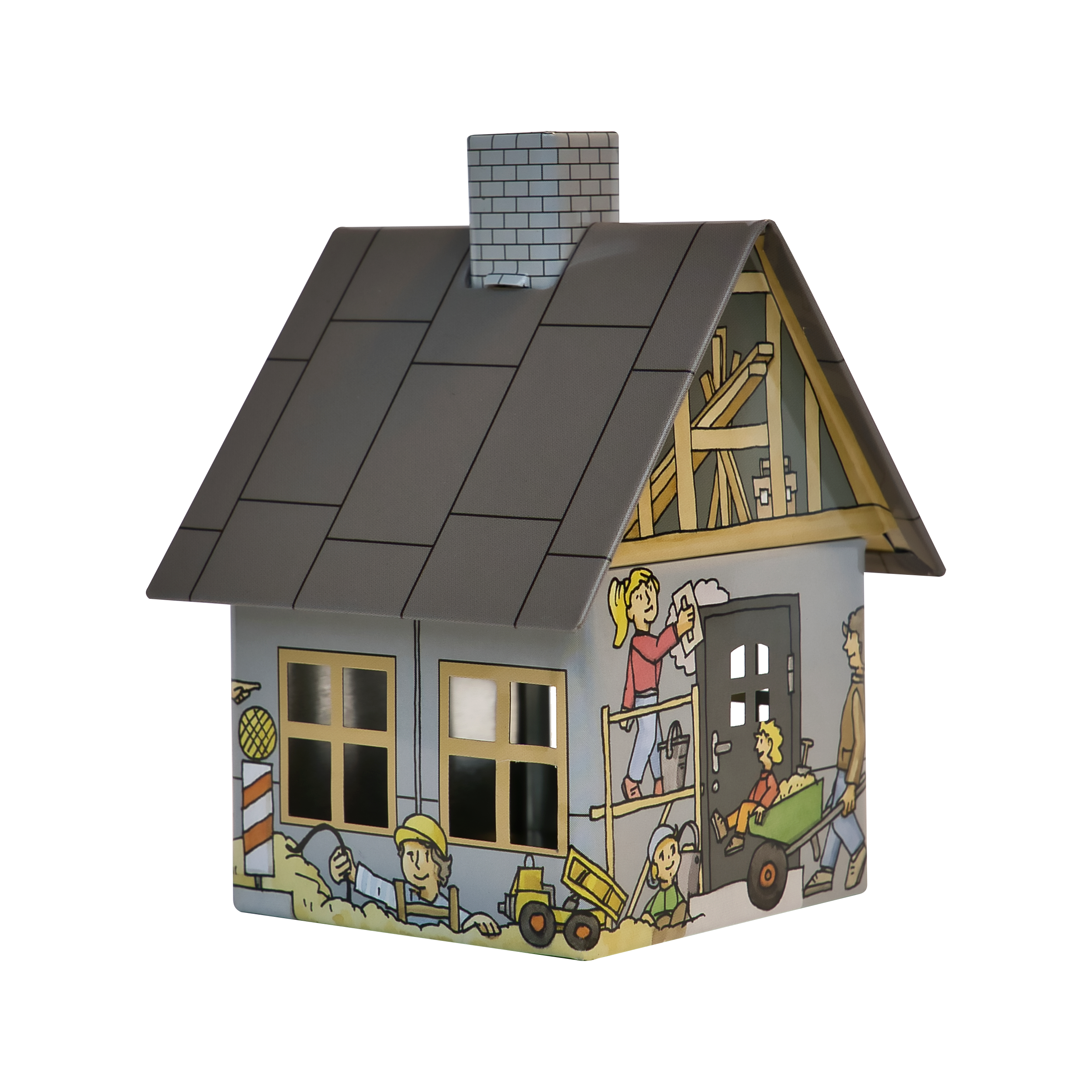 Das Räucherhäuschen Baustelle von Original Crottendorfer Räucherkerzen zeigt an seinen Wänden Cartoon-Baumeister, Kinder, Bauwerkzeuge und Spielzeug. Das graue Dach und der Schornstein passen zu Räucherstäbchenhaltern aus Metall; die Fenster wirken beleuchtet.