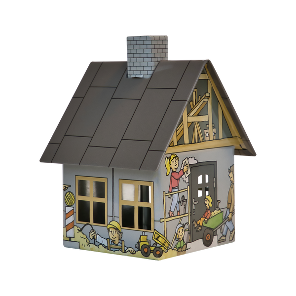 Das Räucherhäuschen Baustelle von Original Crottendorfer Räucherkerzen zeigt an seinen Wänden Cartoon-Baumeister, Kinder, Bauwerkzeuge und Spielzeug. Das graue Dach und der Schornstein passen zu Räucherstäbchenhaltern aus Metall; die Fenster wirken beleuchtet.
