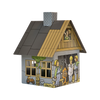 Das Räucherhäuschen Baustelle von Original Crottendorfer Räucherkerzen ist ein mit Bauarbeitern und Werkzeugen geschmücktes Metallmodellhaus mit einem Arbeiter im Fenster - ideal zum Verbrennen von Räucherkerzen.