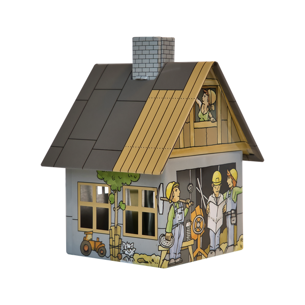 Das Räucherhäuschen Baustelle von Original Crottendorfer Räucherkerzen ist ein mit Bauarbeitern und Werkzeugen geschmücktes Metallmodellhaus mit einem Arbeiter im Fenster - ideal zum Verbrennen von Räucherkerzen.