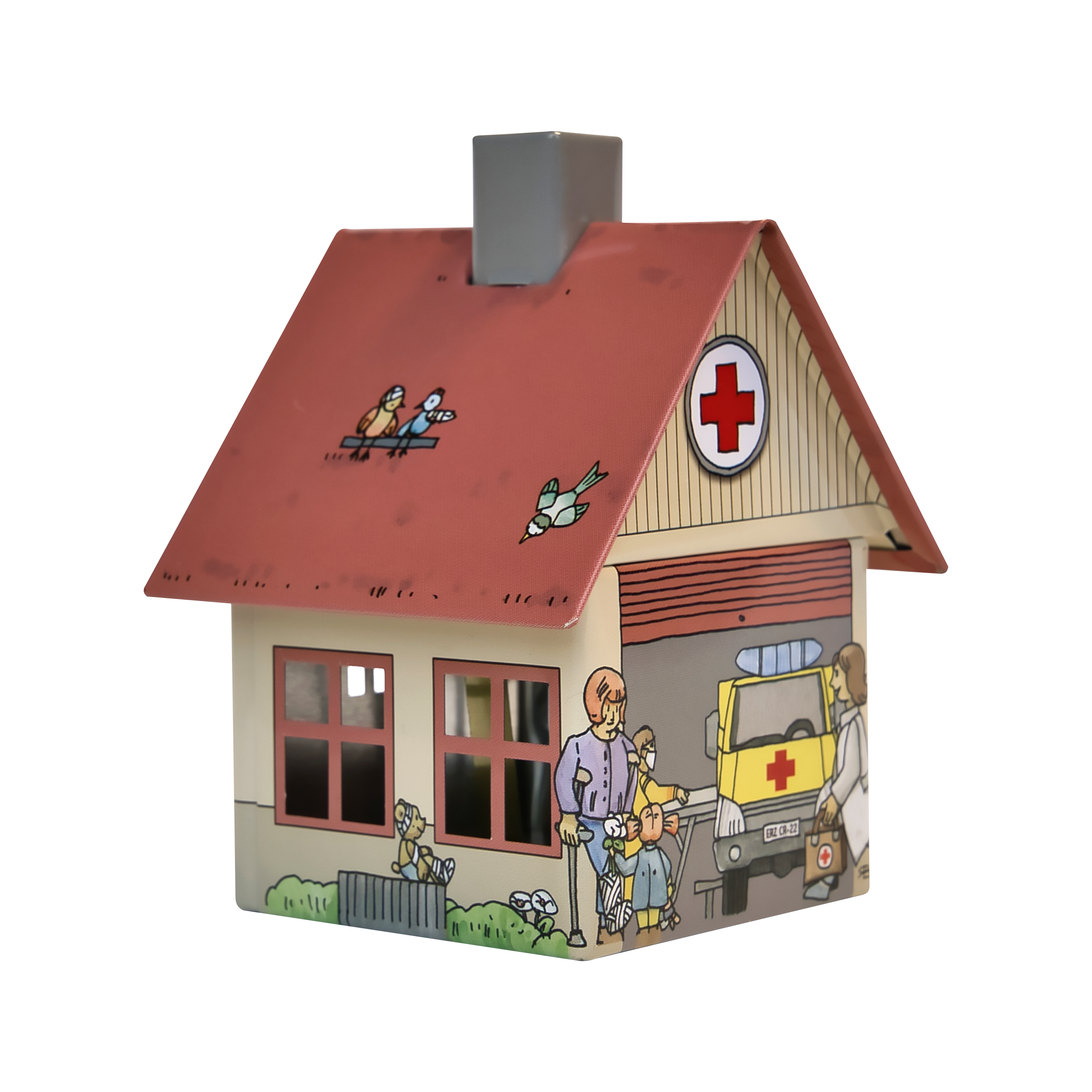 Das Räucherhäuschen Krankenhaus von Original Crottendorfer Räucherkerzen ist ein skurriles Spielzeughaus mit einem roten Kreuz, Cartoons von medizinischem Personal und Kindern, Vögeln auf dem Dach und einer verspielten Krankenwagenillustration, das den Charme eines Räucherkerzenhalters ausstrahlt.