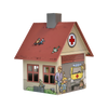 Das Räucherhäuschen Krankenhaus von Original Crottendorfer Räucherkerzen ist ein skurriles Spielzeughaus mit einem roten Kreuz, Cartoons von medizinischem Personal und Kindern, Vögeln auf dem Dach und einer verspielten Krankenwagenillustration, das den Charme eines Räucherkerzenhalters ausstrahlt.