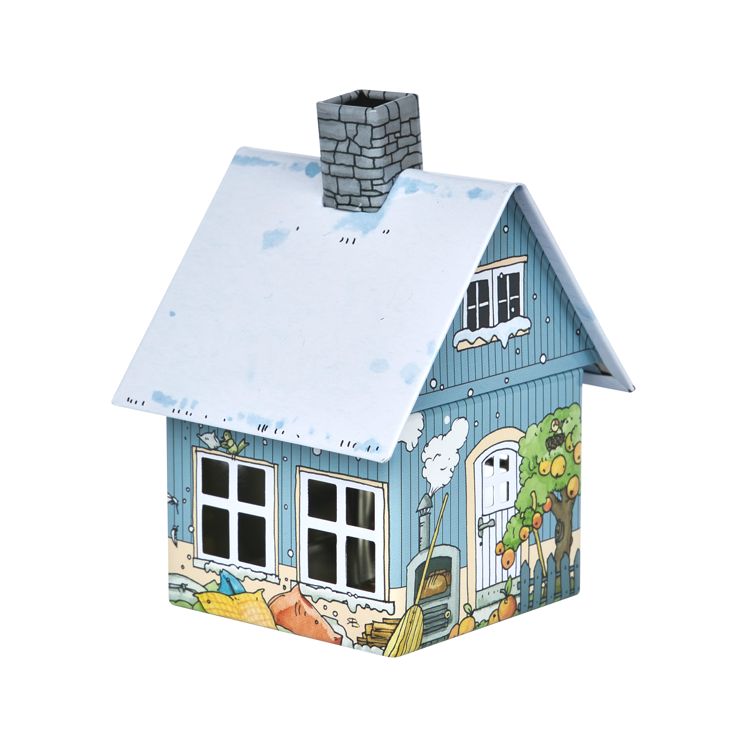 Das Räucherhäuschen Frau Holle von Original Crottendorfer Räucherkerzen ist ein charmantes Deko-Haus mit blauer Außenfassade und weißem Dach, handgezeichneten Illustrationen von Fenstern, einem Apfelbaum, einem Lattenzaun, Gartengeräten und einem grauen gemauerten Schornstein obendrauf.