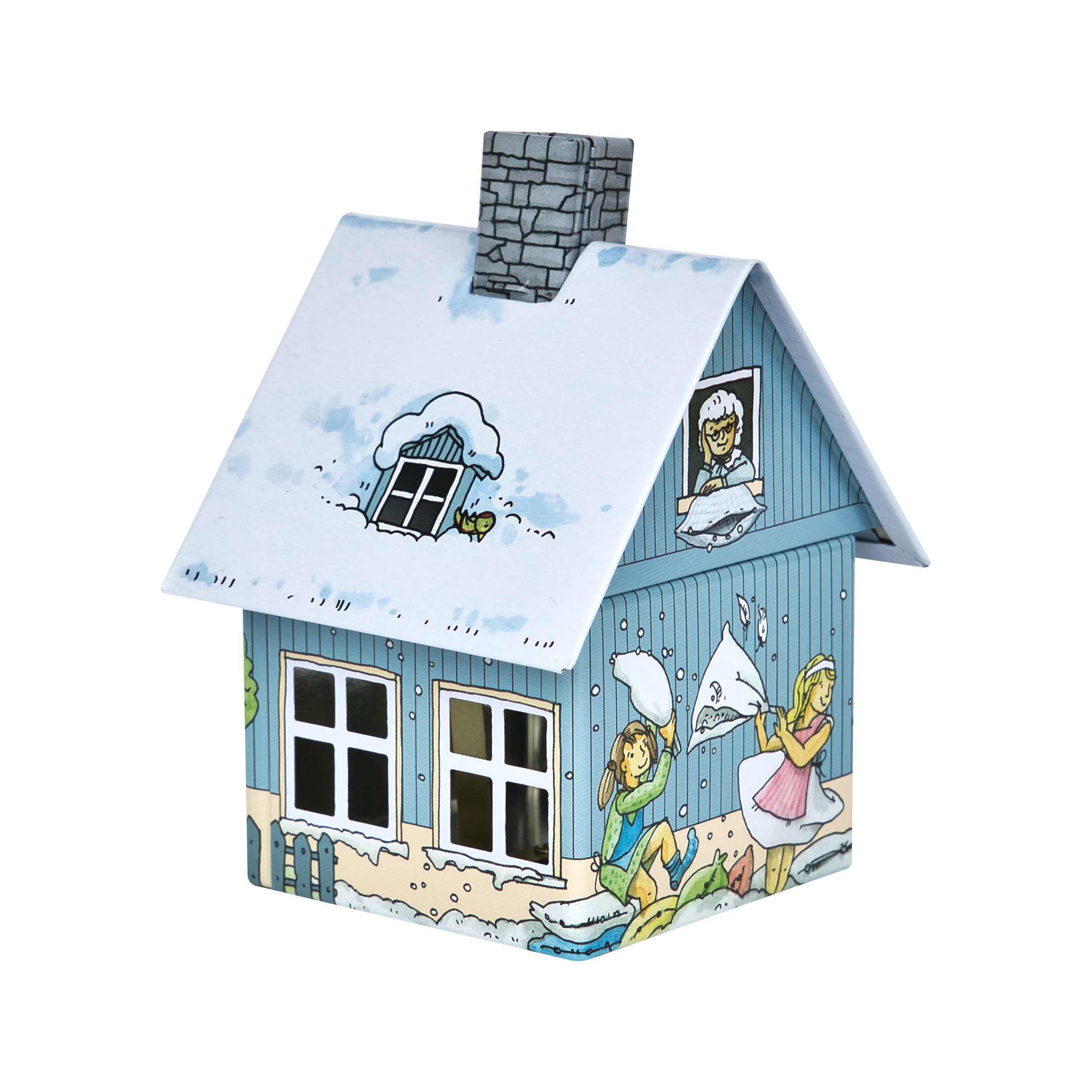 Das Räucherhäuschen Frau Holle von Original Crottendorfer Räucherkerzen ist ein kleines, im Cartoon-Stil gehaltenes Modell eines blauen Hauses mit schneebedecktem Dach und Schornstein, das als dekorative Details charmante Illustrationen von Menschen bei einer Schneeballschlacht aufweist.