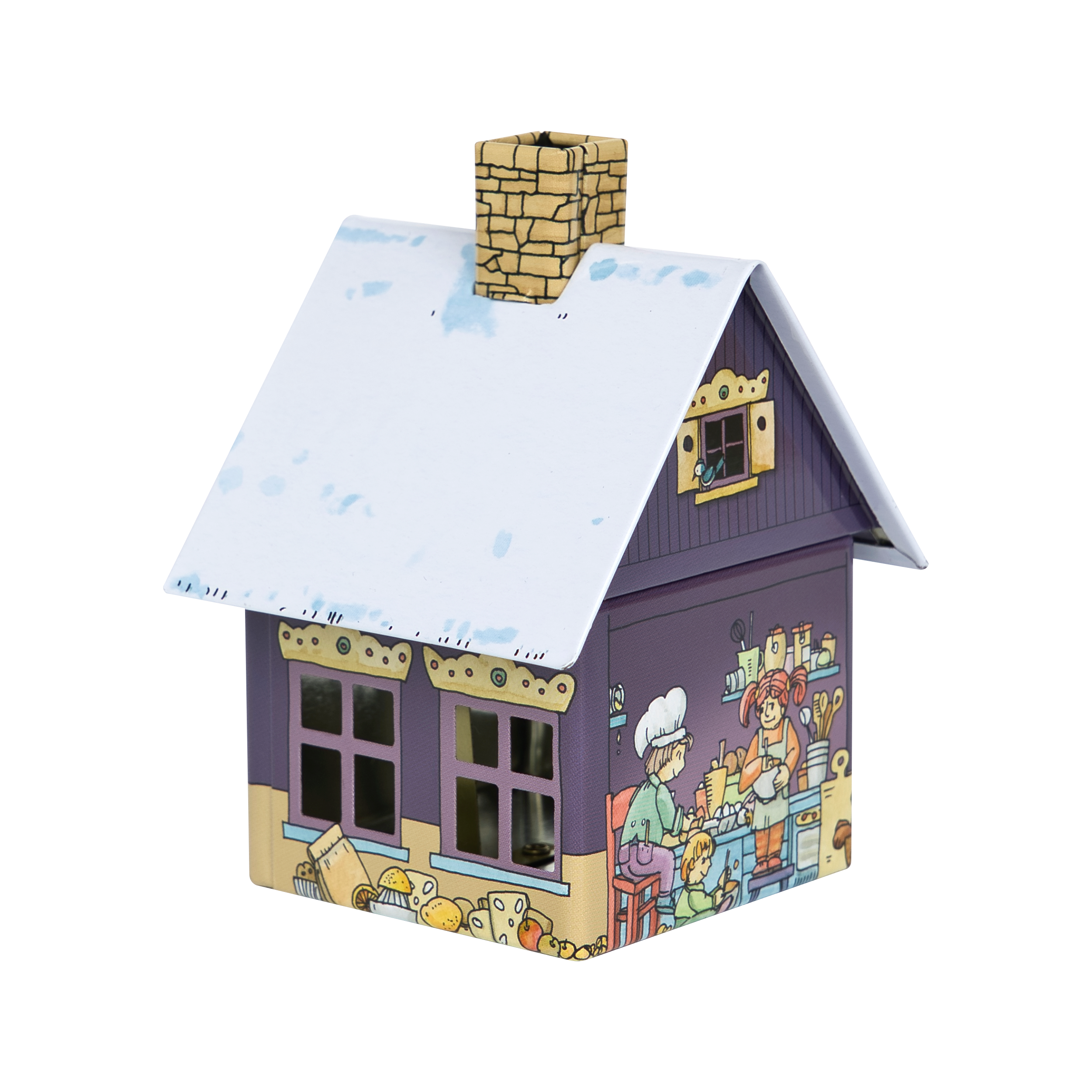 Die Räucherhäuschen Weihnachtsbäckerei von Original Crottendorfer Räucherkerzen ist ein skurriles Modellhaus mit schneebedecktem Dach, gemauertem Schornstein, violetten Wänden mit lebhaft aktiven Comicfiguren, dekorativen Fenstern und bezaubernden Metalldetails.