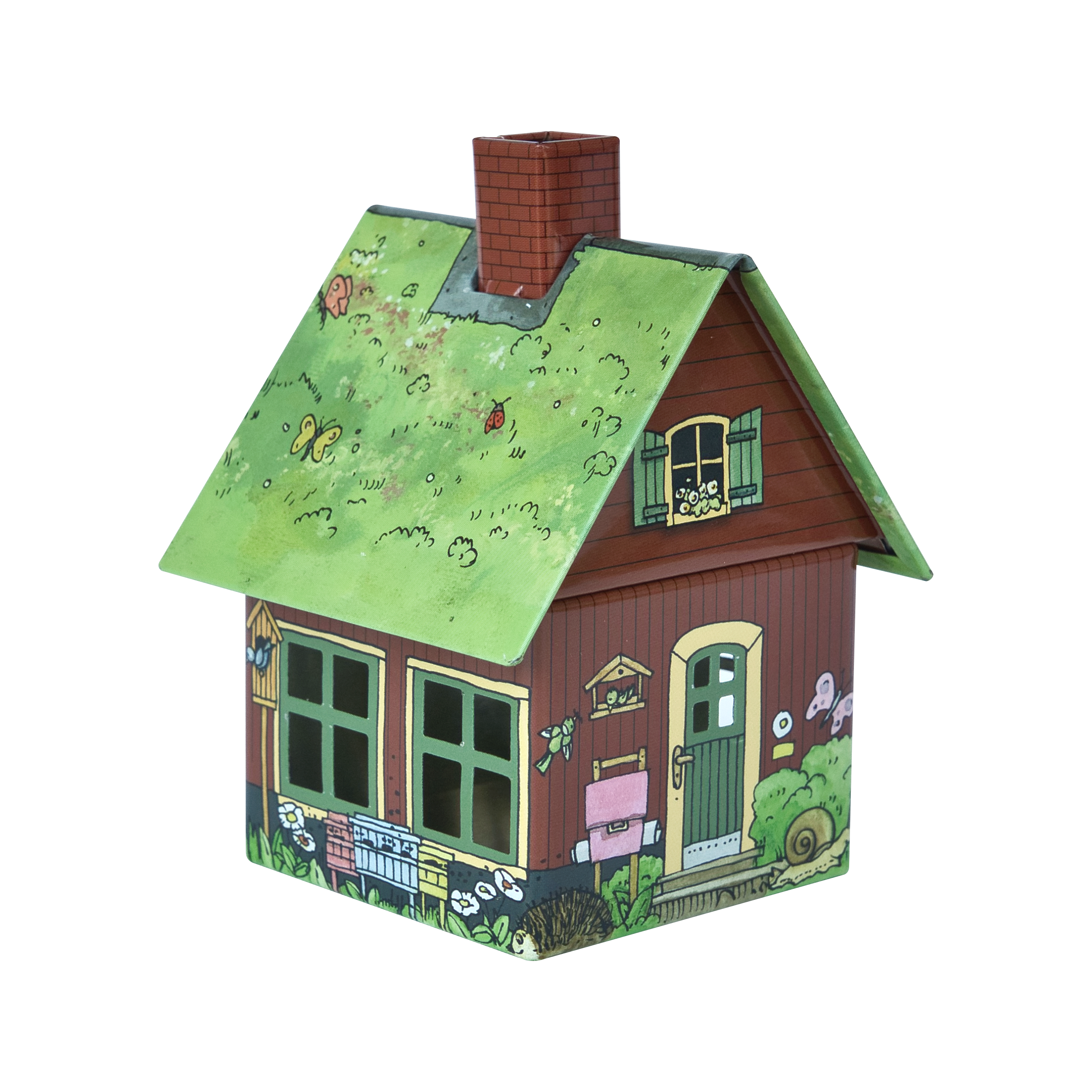 Das Räucherhäuschen Kunterbunt von Original Crottendorfer Räucherkerzen ist ein illustriertes Spielzeughaus mit grünem Schrägdach, roter Holzfassade, grünen Fensterläden und dunkelgrüner Tür. Verziert mit bunten Pflanzen, Tieren und verspielten Motiven wird es zu einem bezaubernden Räucherkerzenhalter.