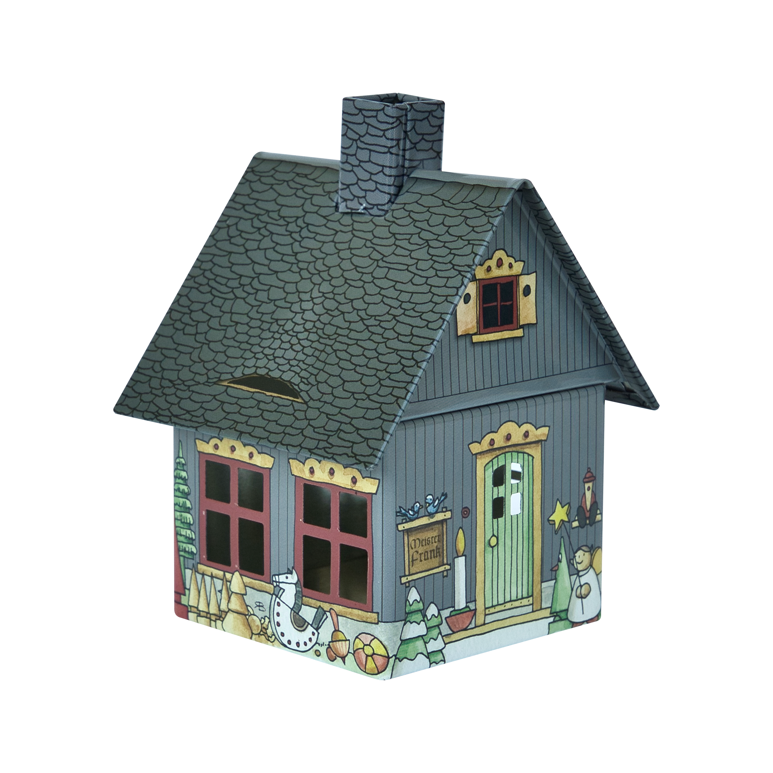 Das Räucherhäuschen Spielzeugmacher von Original Crottendorfer Räucherkerzen ist ein kleines, dekoratives Modellhaus mit grauem Dach, rot gerahmten Fenstern und einer grünen Tür. Es verfügt über festliche Details wie einen Schneemann und einen Kranz sowie einen Räucherkerzenhalter aus Metall, die die gemütliche Weihnachtsstimmung noch verstärken.